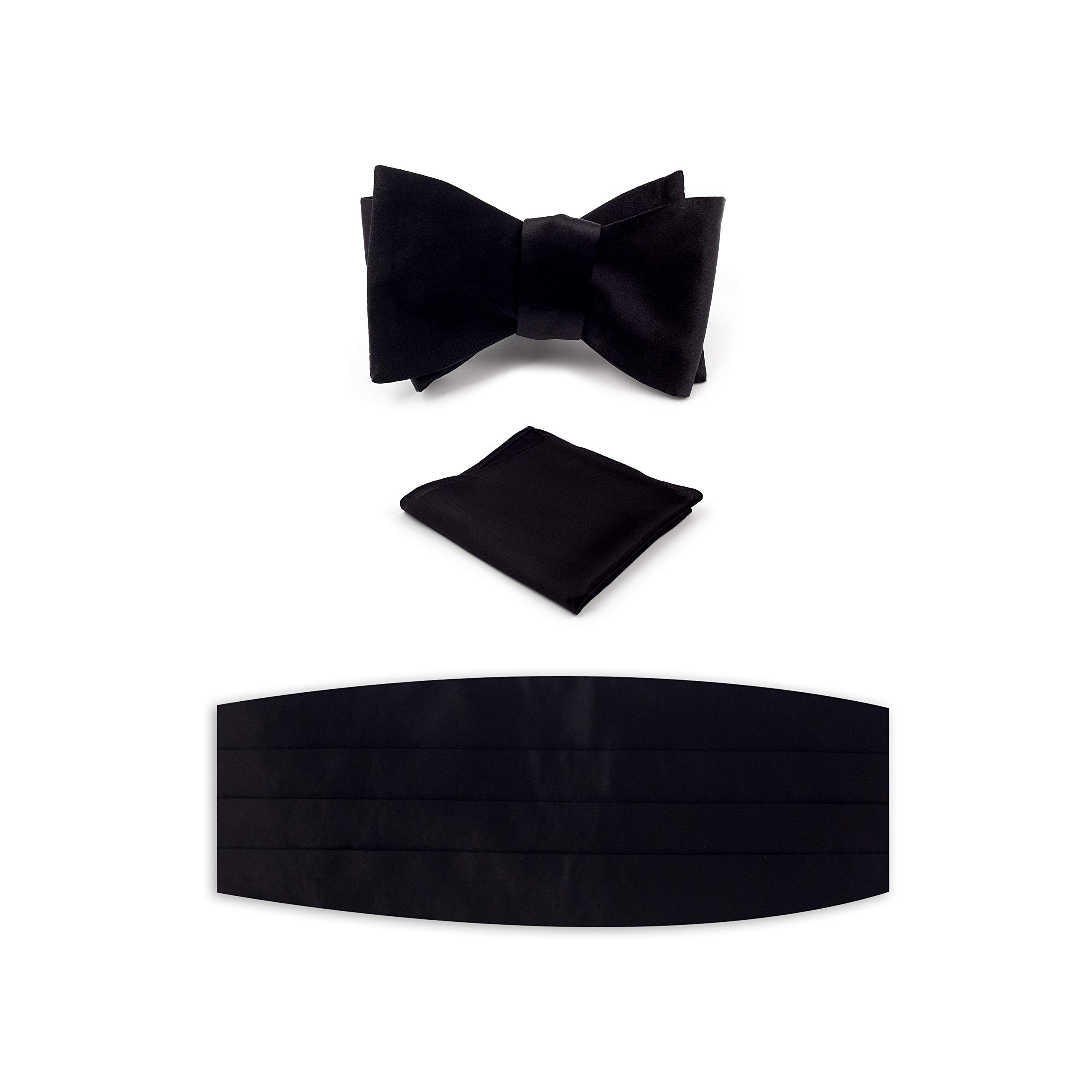 NV Holders: Men's Premium 100% Silk Cummerbund, Bow Tie, Handkerchief - Black Tuxedo set