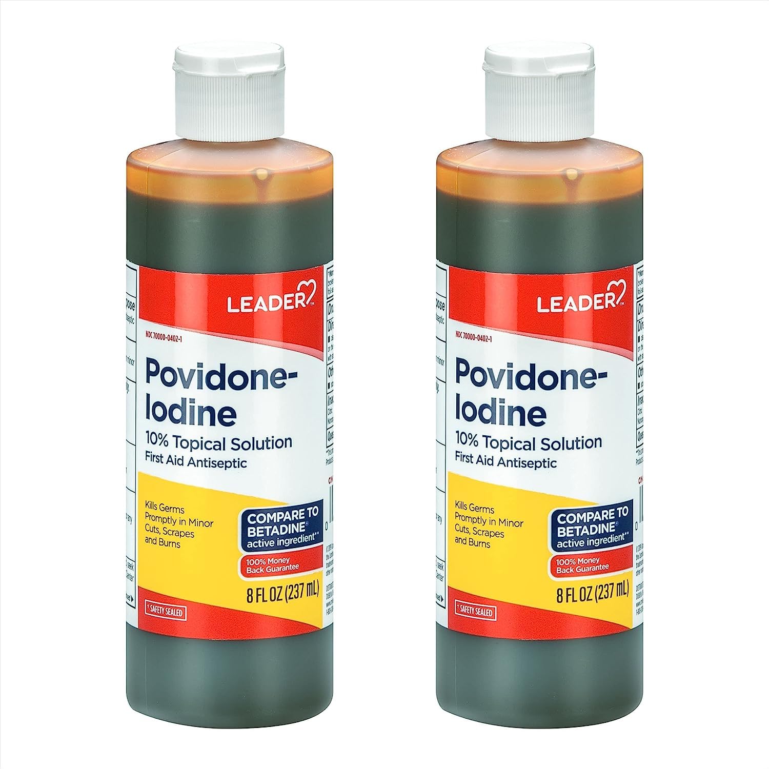 Leader Povidone Iodine 10% Prep Solution USP, First Aid Antiseptic Wound Cleanser, Wound Wash, Antiseptic Soap (8 Fl Oz, Pack of 2)