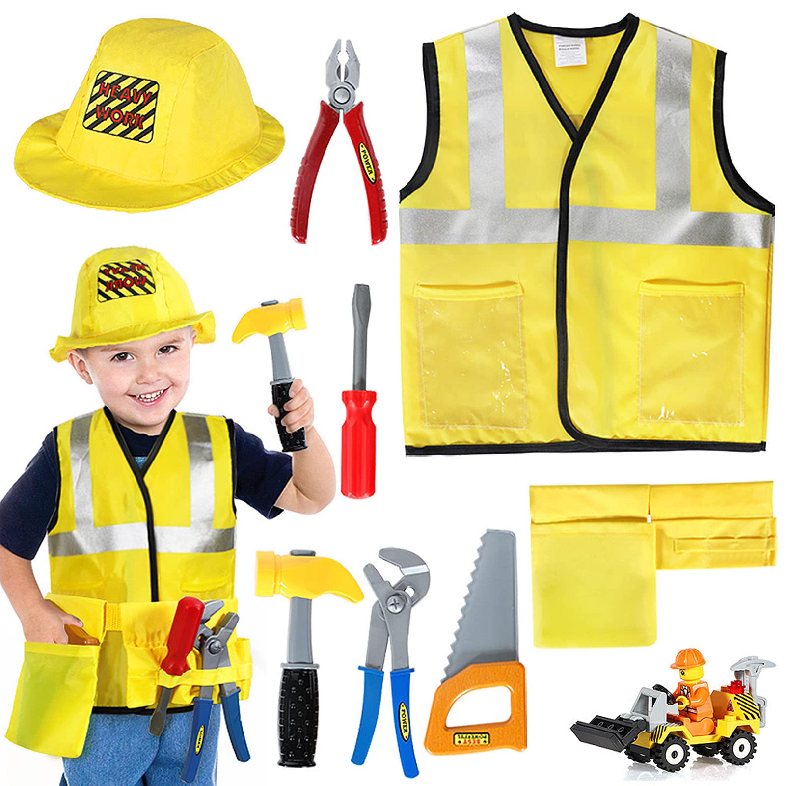 Construction Worker Costume Kids Role Play Dress up Set for 2 3 4 5 6 Years Toddlers Boys Girls Yellow