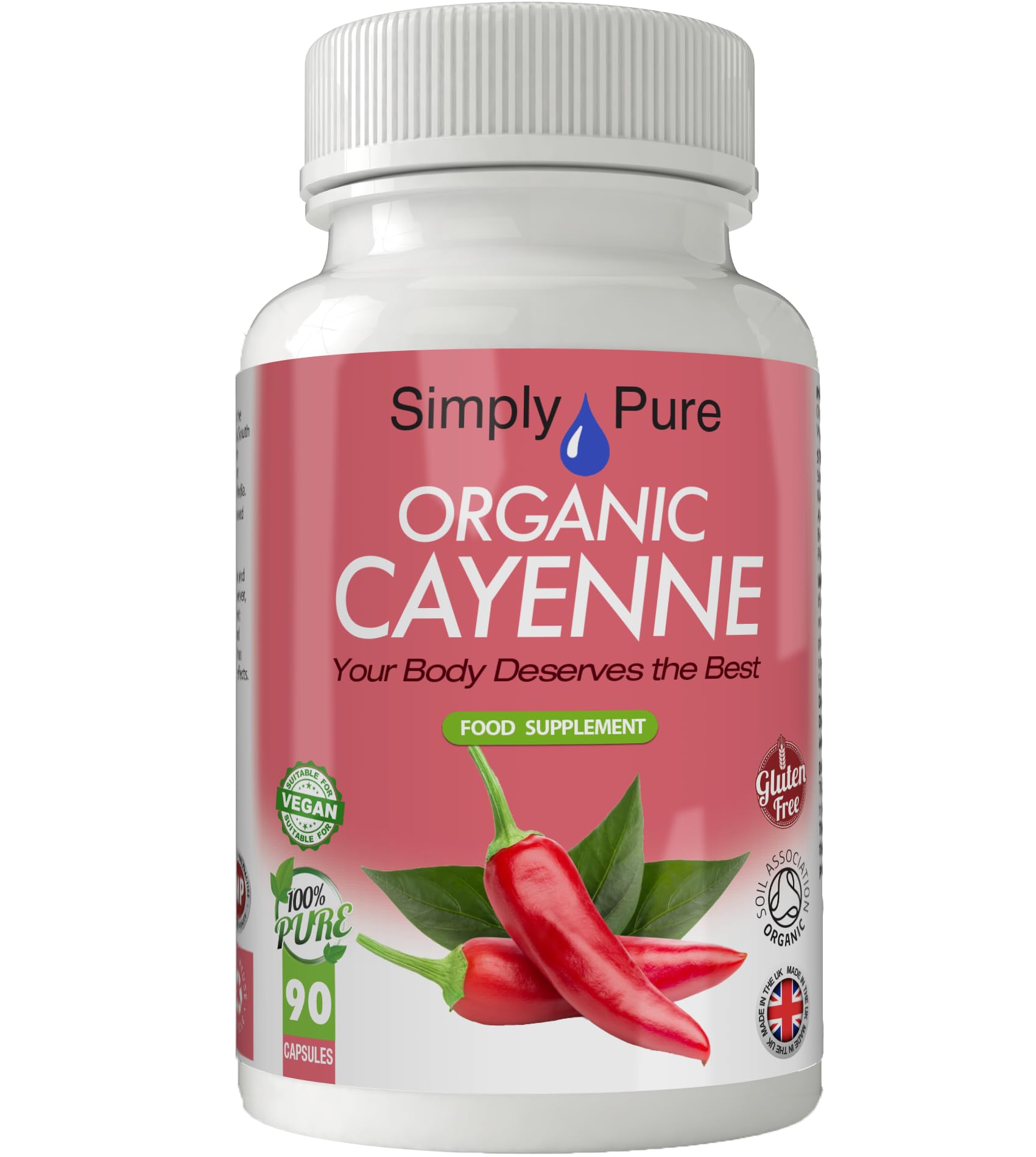 Simply Pure Organic Cayenne Capsules for Inflammation, Heart Health & Metabolism | 500mg x 90 | 100% Pure Soil Association Certified | Gluten Free | GM Free | Vegan