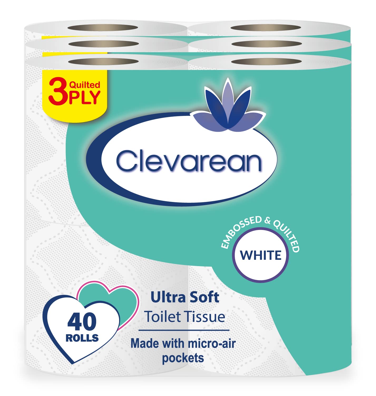 Clevarean Soft Toilet Roll Bulk Buy - Pack of 40 Rolls Quilted White 3 Ply Non Fragrance Toilet Rolls