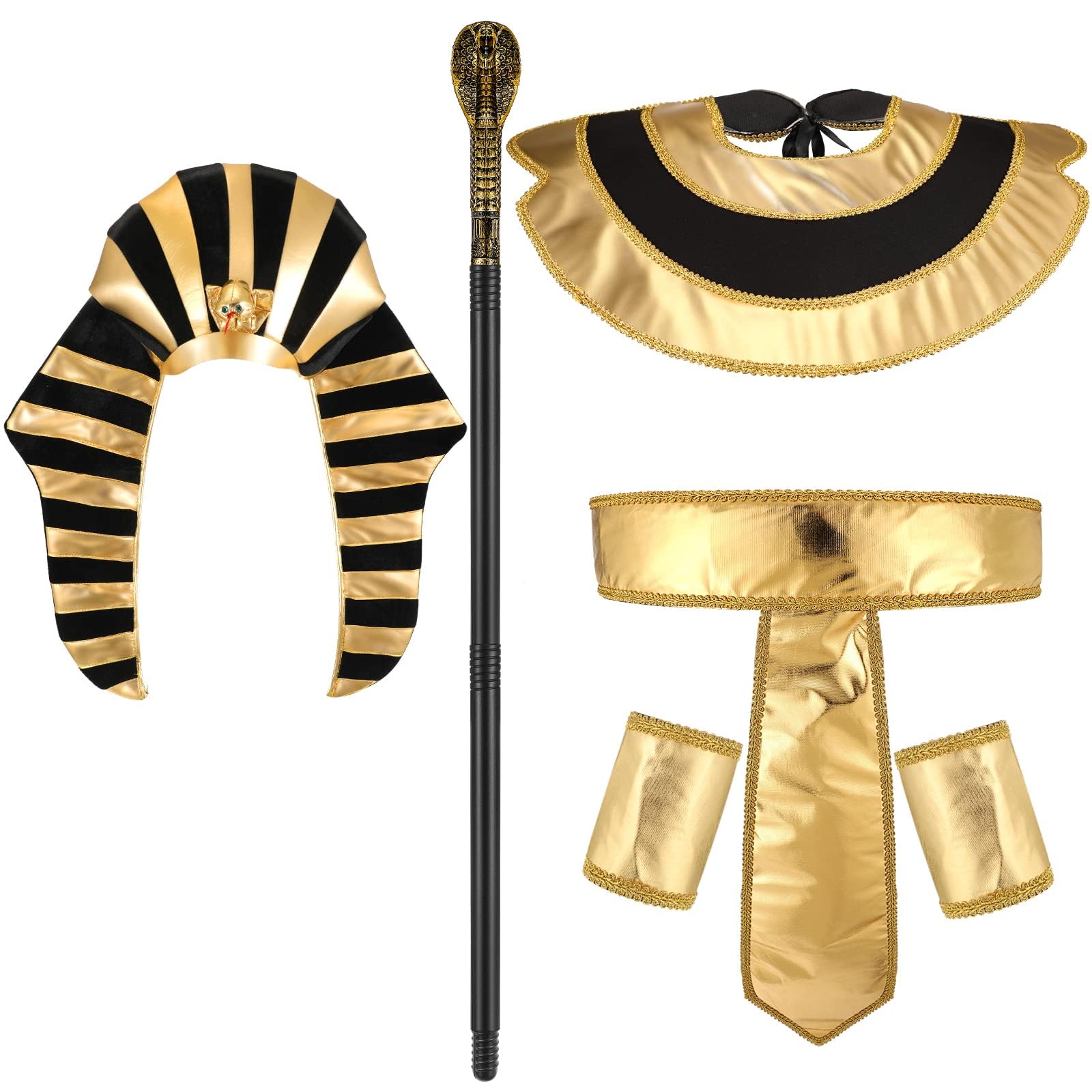 KASTWAVE Egyptian Costume Accessory Set, With Pharaoh Hat, Egyptian Collar, Egyptian Belt Cuffs, Cobra Head Scepter, for Men King Tut Cosplay Role Play, Party Prop Supplies (6 Pcs)