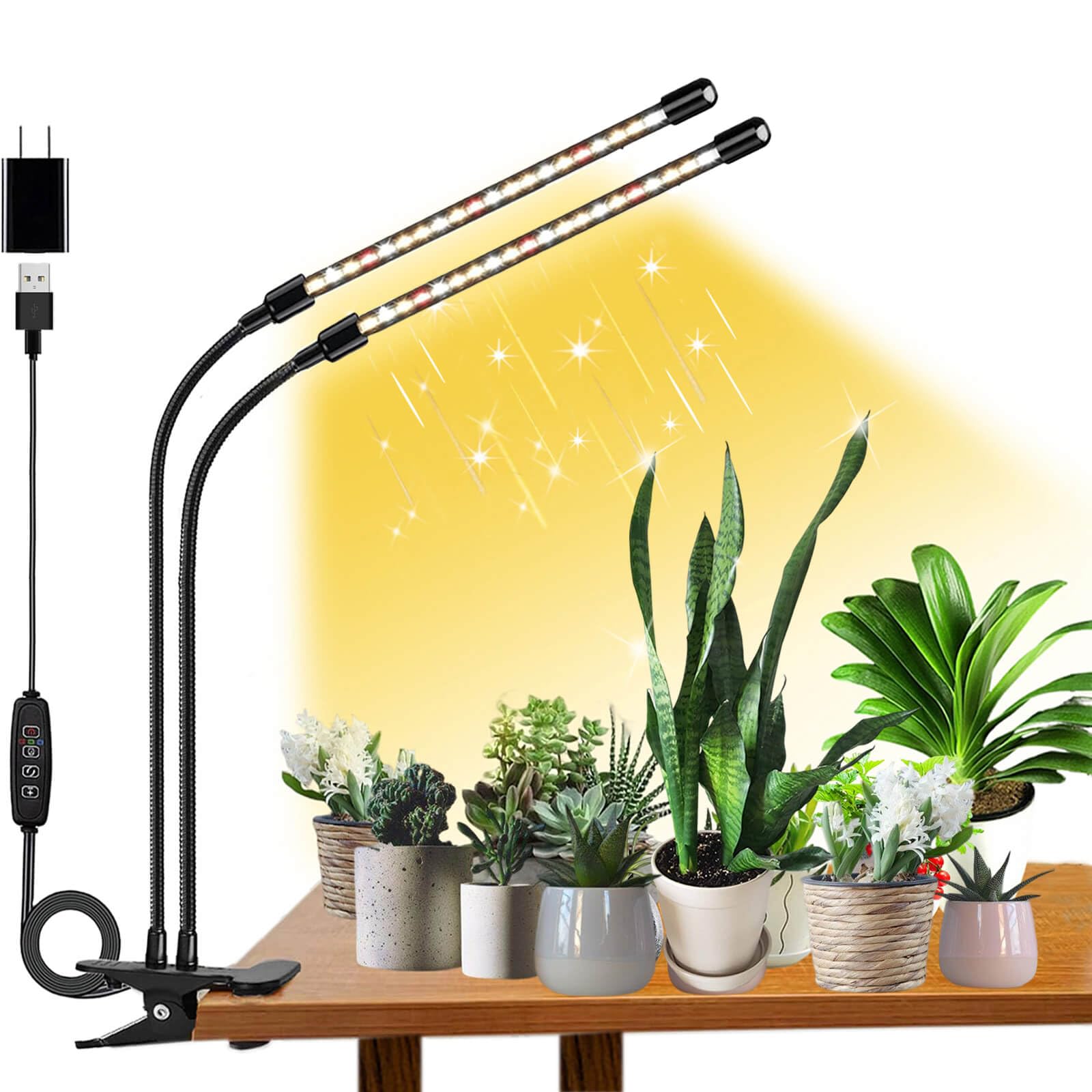 Grow Lights for Indoor Plants, LED Plant Grow Lights, 3000k/5000k/660nm Full Spectrum Plant Growing Lamps, Clip on Plant Lamp with White Red LEDs, Timer Setting, 10-Level Dimmable(2-Head)