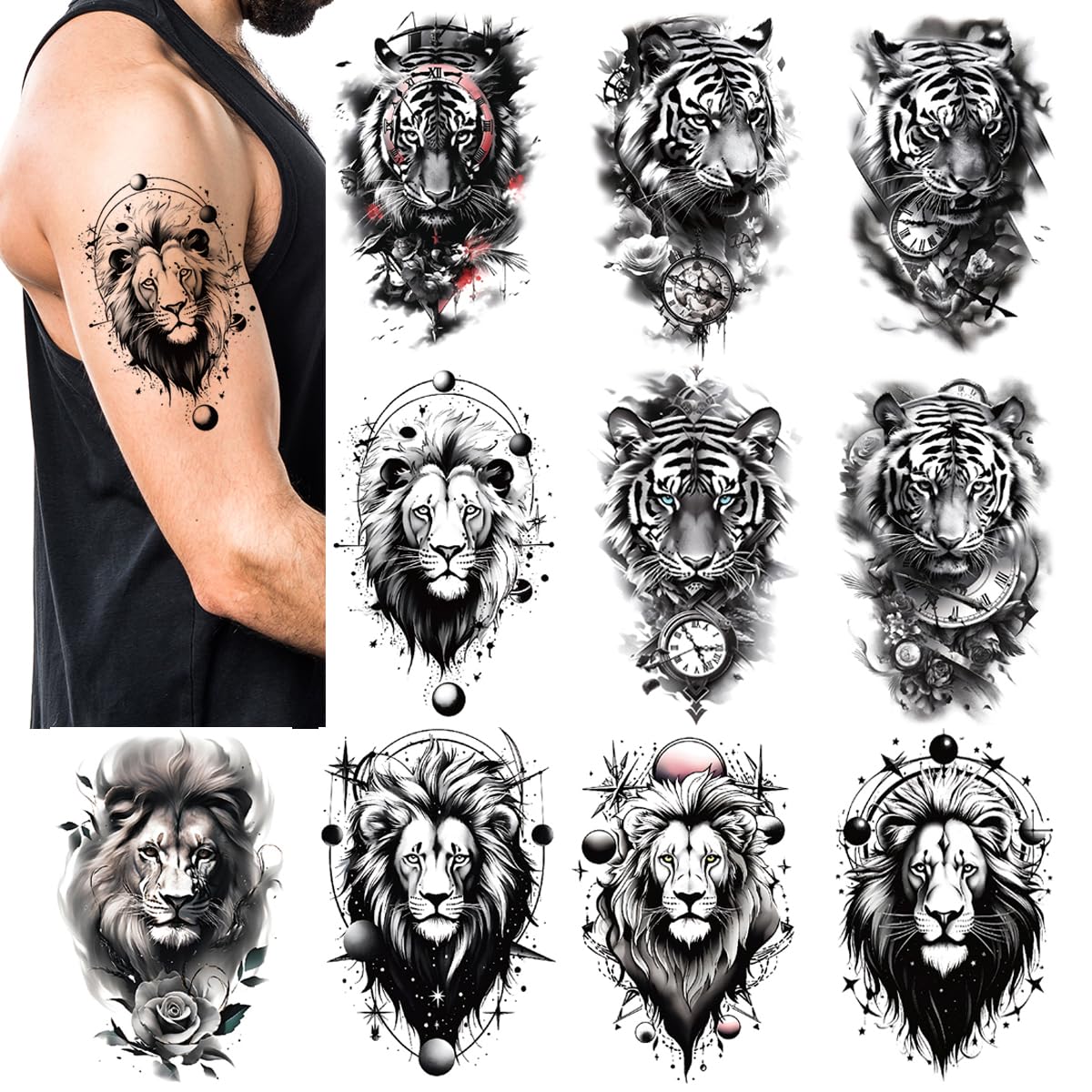 Large Temporary Tattoos for Men Women Teens 10 Sheets Fake Black Lion Tiger Tattoo Stickers Realistic