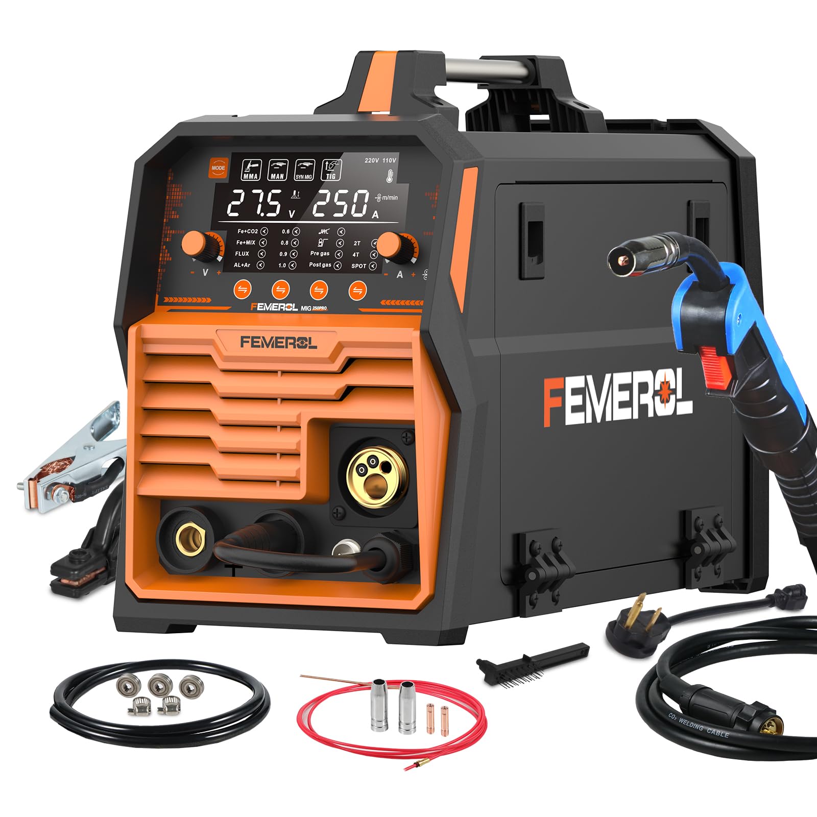 250A MIG Welder,6 in 1 Gas MIG/Gasless Flux Core/Stick/Lift TIG/Spot Welding/Spool Gun Compatible Aluminum Welding Machine Large LED Display 110V/220V Multi Process Welder