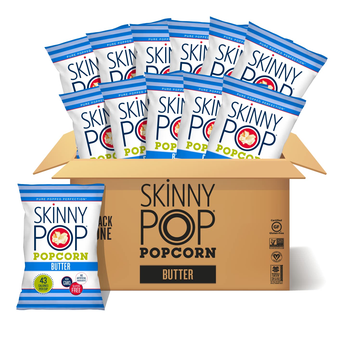 SkinnyPop Butter Popcorn, Gluten Free, Non-GMO, Healthy Popcorn Snacks, Skinny Pop, 4.4oz Grocery Size Bags (12 Count)