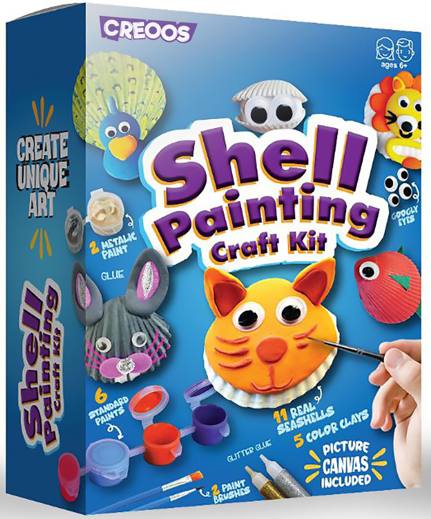 Creoos Seashell Painting Kit for Kids Arts and Crafts Toys 11 Seashells 8 Paints Canvas and Clay Craft Summer Kid Beach Activities Kits Art Set DIY Supplies Games Birthday Gifts Toys for Girls Boys