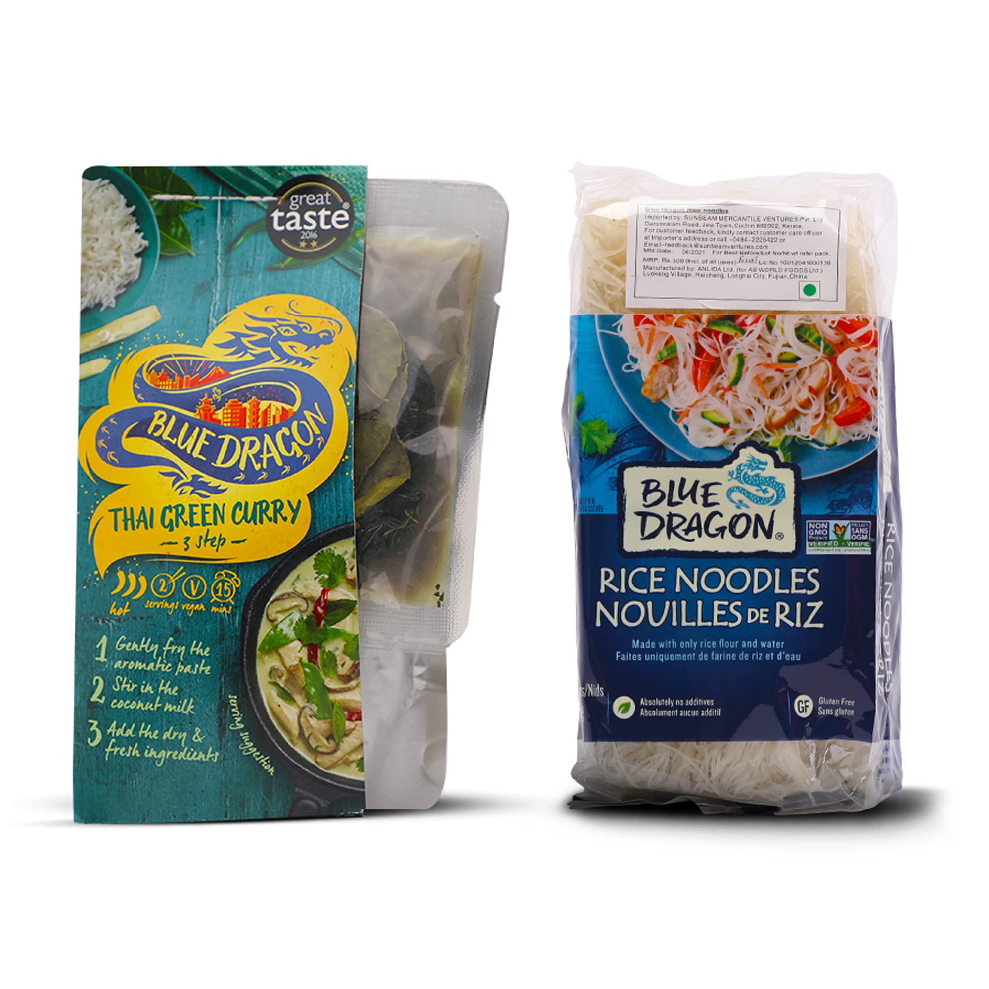 Blue Dragon Thai Green Curry 3 Step - 253g & Rice Noodle -250g | No Preservative & Artificial Colors | Vegan | Peanuts, Nuts, Sesame and SOYA | Rice Noodle & Thai Green Curry (Combo of 2)