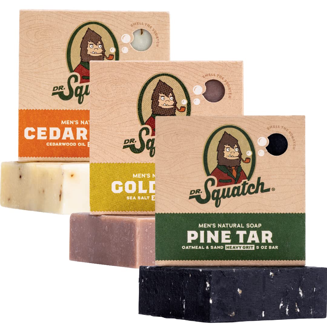 Dr. SquatchAll Natural Soap Bar for Men, 3 Bar Variety Pack, Pine Tar, Cedar Citrus and Gold Moss