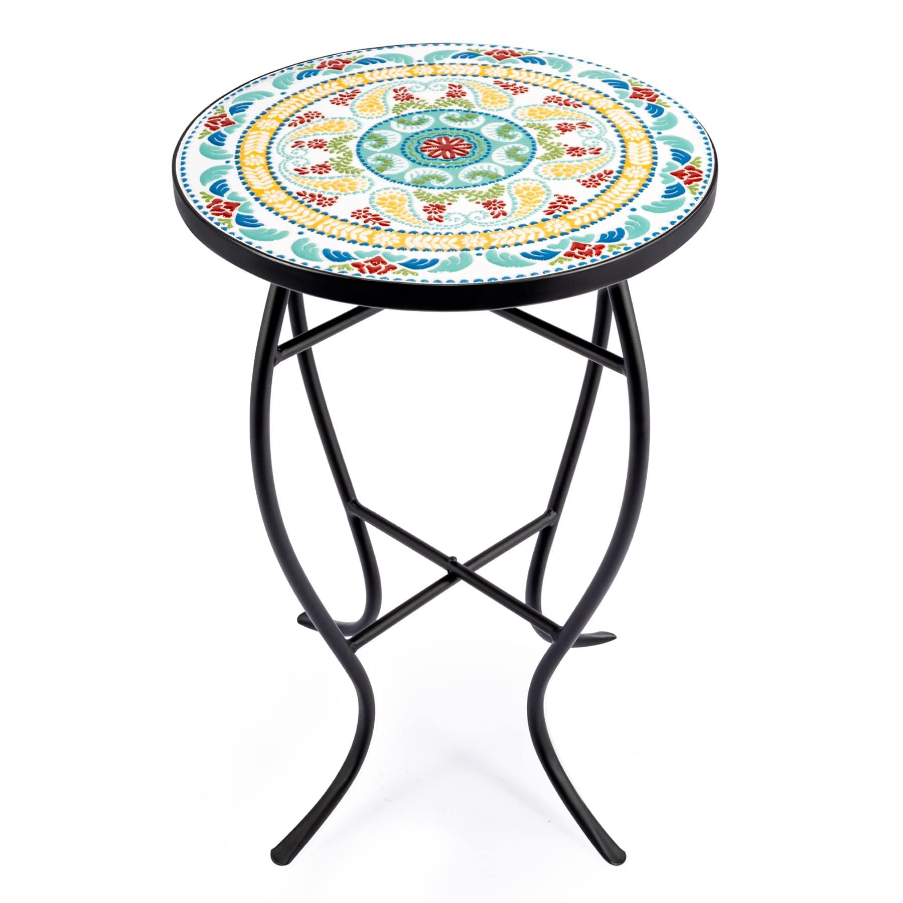 VONLUCE Mosaic Side Table and Plant Stand, 53.5cm Round Side Table with 36cm Ceramic Tile Top, Indoor and Outdoor Accent Table, Outdoor Patio Bistro Coffee Table for Home & Garden (Floral)