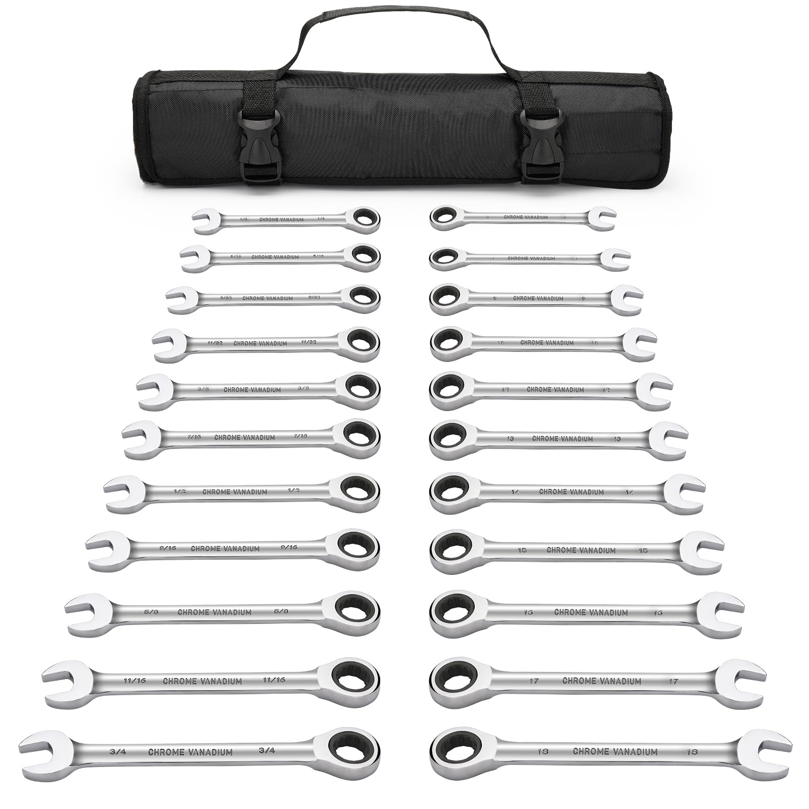 sunplux22-piece Ratcheting Combination Wrench Set, 72 Teeth Ratchet Wrench, Metric 6-18mm & SAE 1/4-3/4", Cr-V Constructed, with Organization Canvas Bag