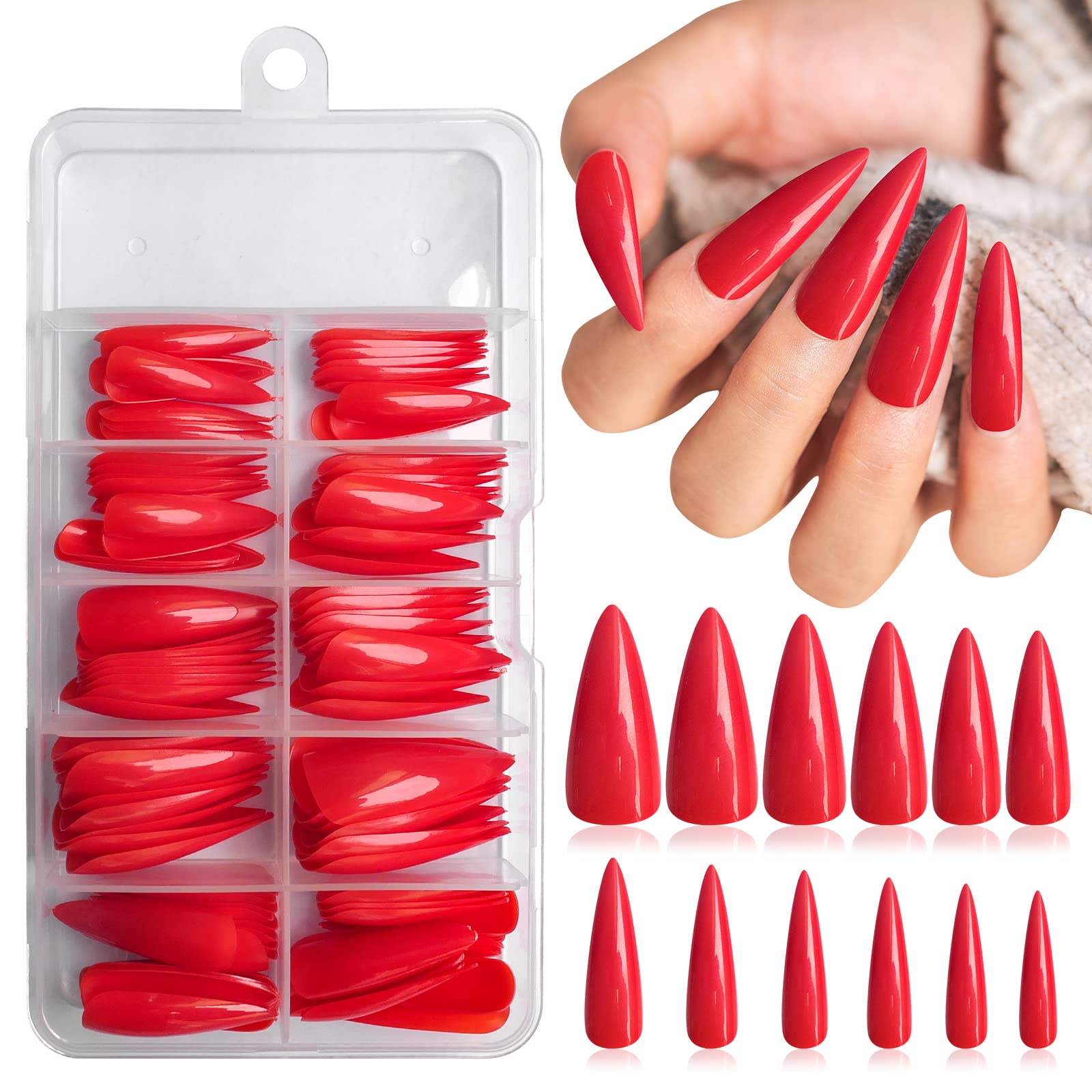 LoveOurHome 120pc Stiletto Press on Nails Long Pointy Red Fake Nails Full Cover Colored Gel False Artificial Fingernails Manicure Acrylic Tips for Women Girls