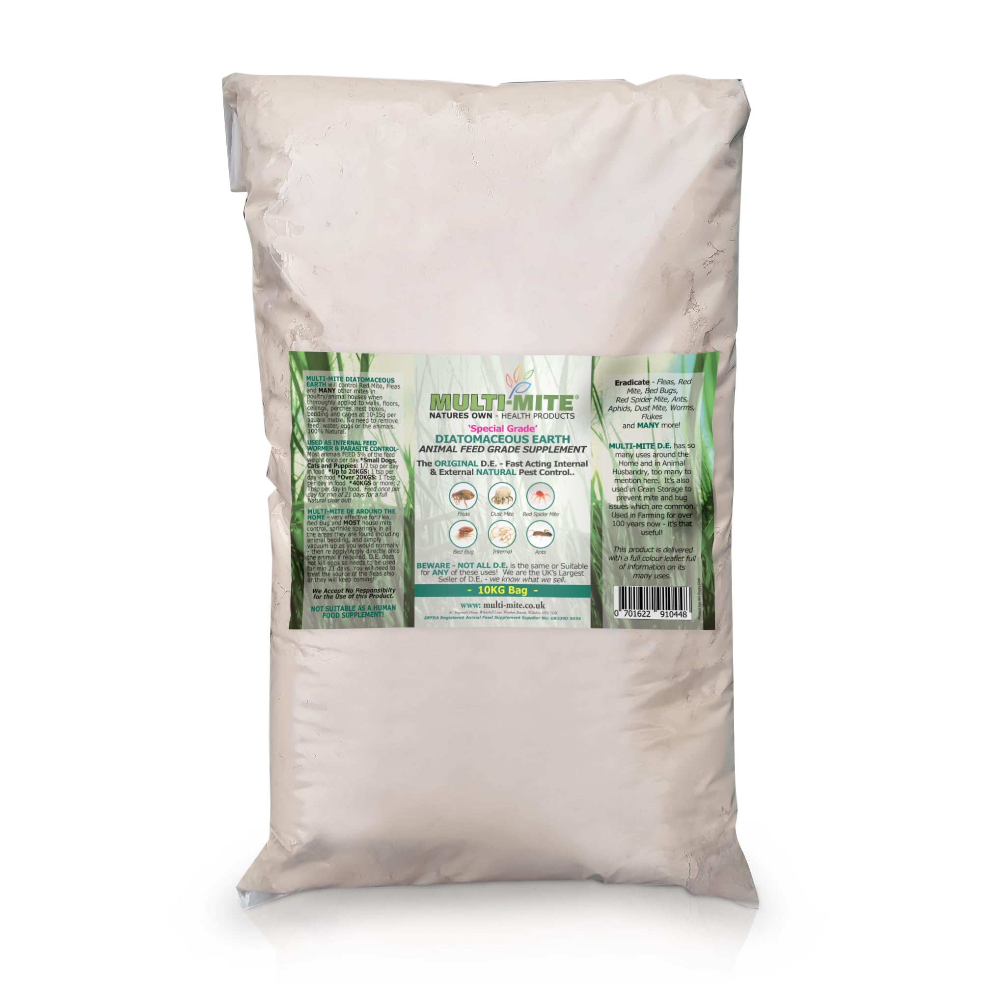 Multi-Mite® 10kg DIATOMACEOUS EARTH Feed Grade DE - Red Mite Fleas and All Animal Lice Control Powder