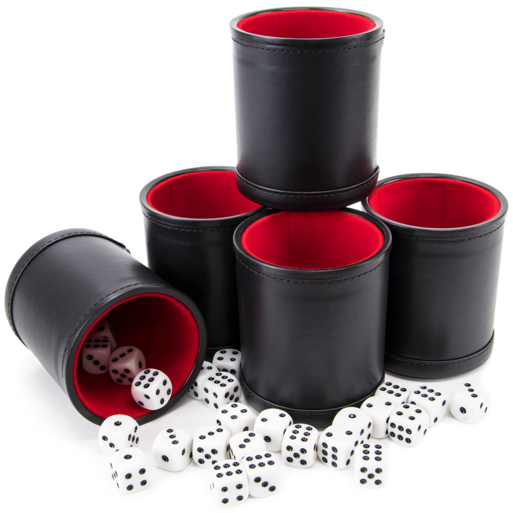 Brybelly Dice Set with Dice Shaker Cup - Perfect for Casino Dice Game for Family Leather - Poker Dice Shaker - 5 Red Lined Dice Cups and 25 Dice Sets