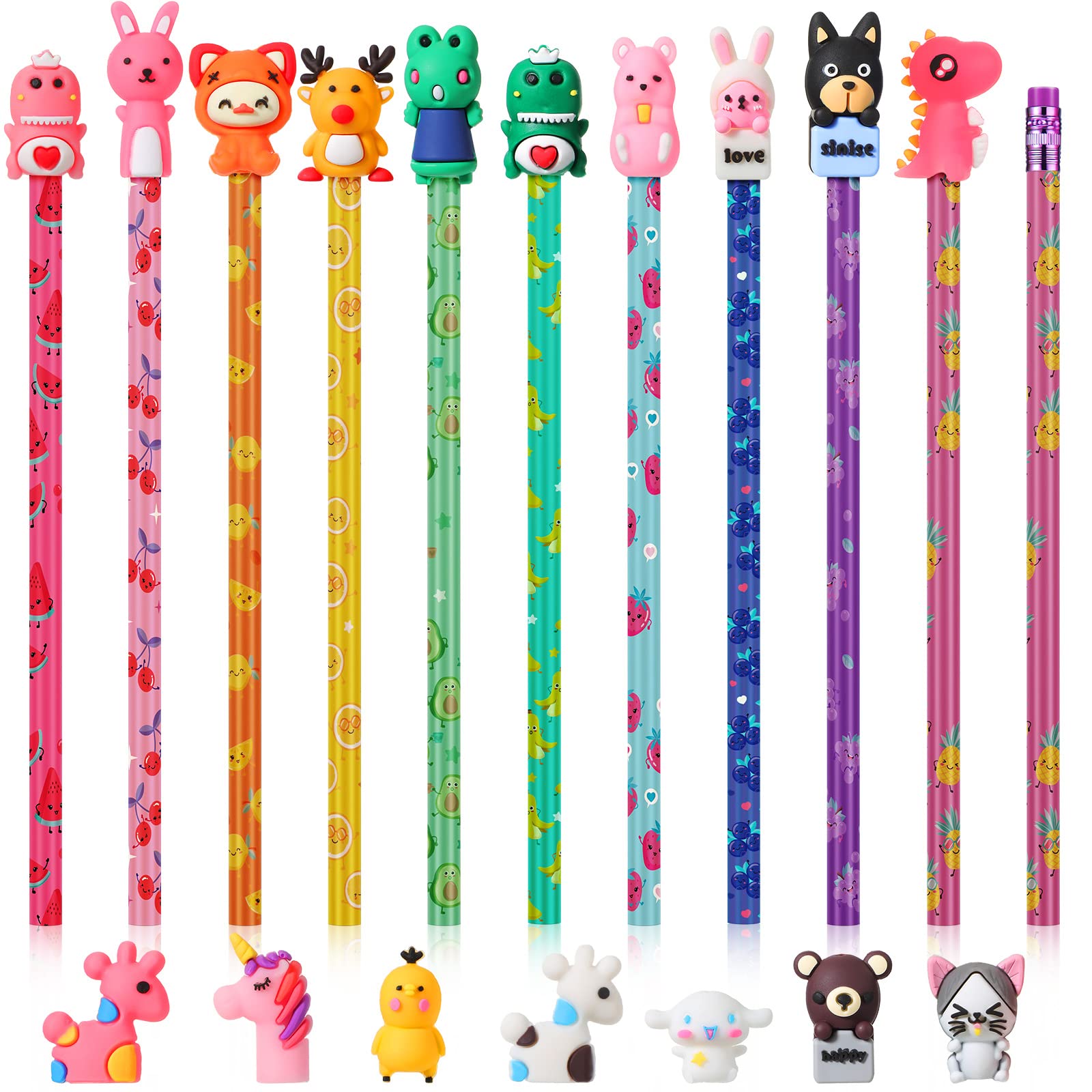 Ireer60 Pcs Scented Pencils for Kids Animal Fruit Scent HB Graphite Pencils with 60 Pcs Cartoon Pencil Toppers Cute Pencil Cap Gift for School Office Classroom Party Reward Supplies (Bright Style)