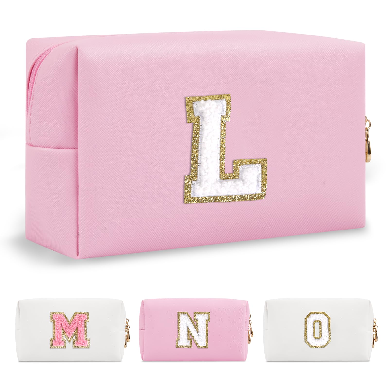 ChaoGreatPersonalized Initial A-Z Preppy Patch Makeup Bag,Small PU Chenille Letter Cosmetic Bag with Zipper for Teen Girls,Pink Cute Toiletry Organizer Bag,Monogram Makeup Case Gift for Women Girls,Letter L