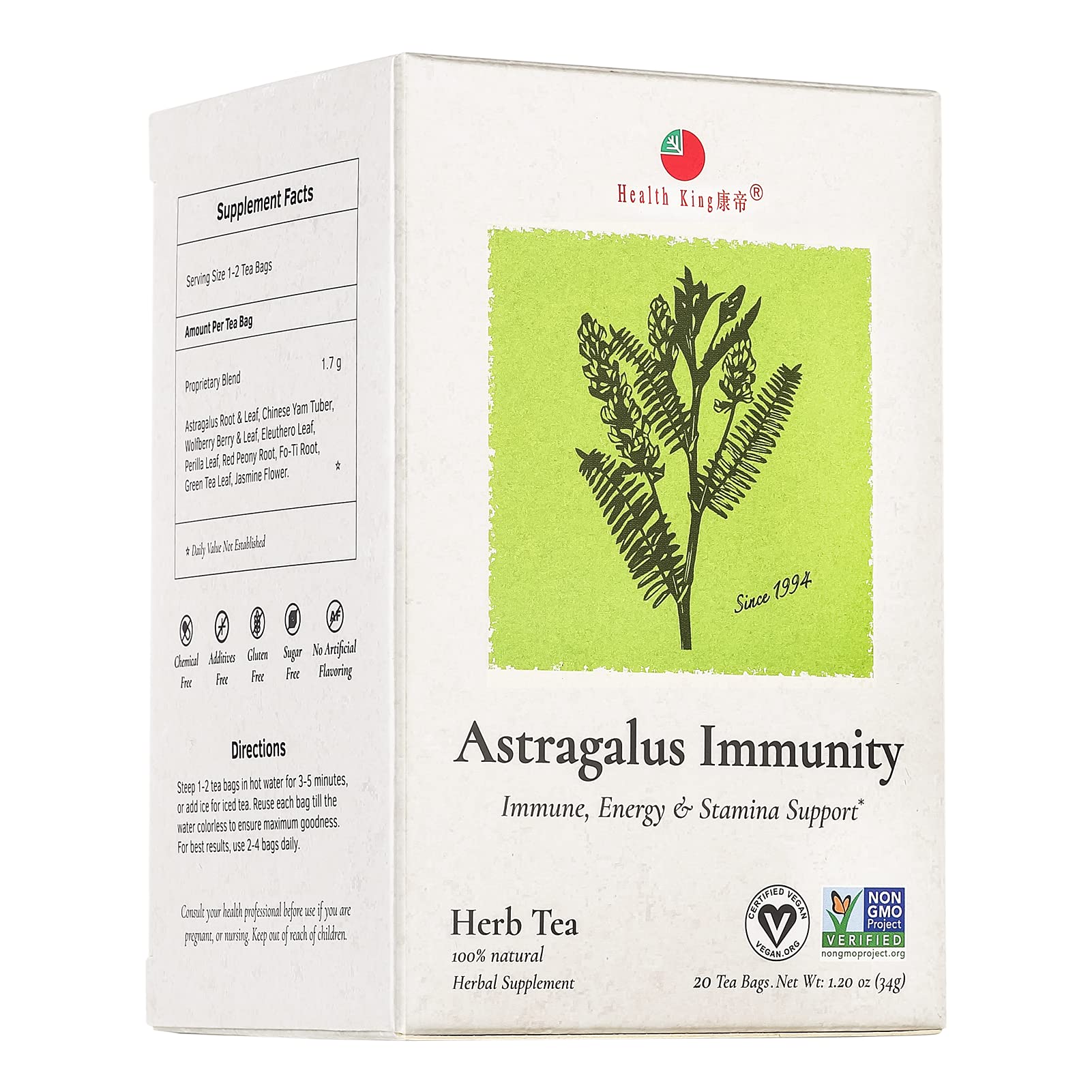 Health KingAstragalus Immunity Herb Tea, Teabags, 20 Count Box