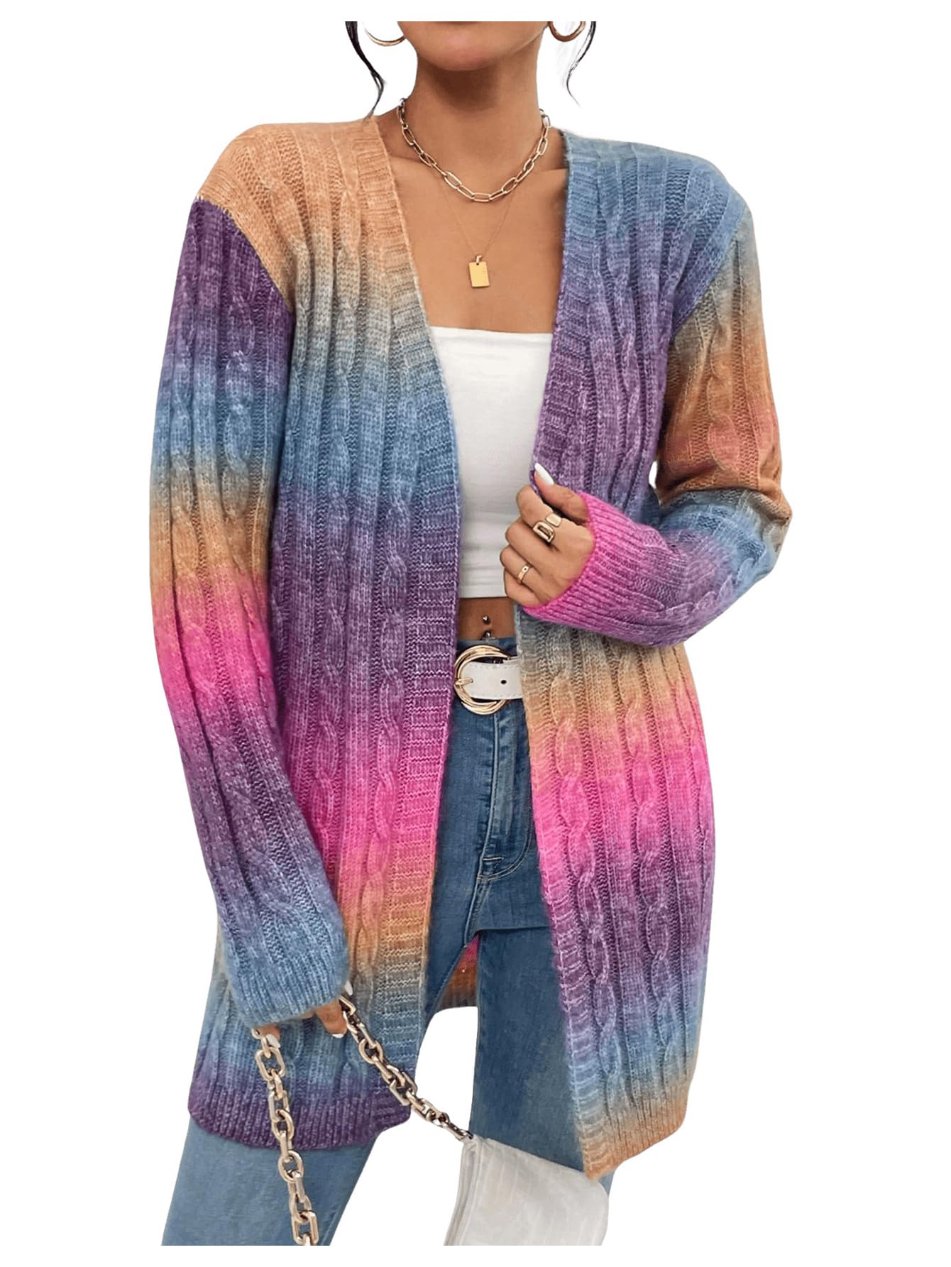 Women's Ombre Print Knitted Cardigan Sweater Long Sleeve Open Front Loose Outwear