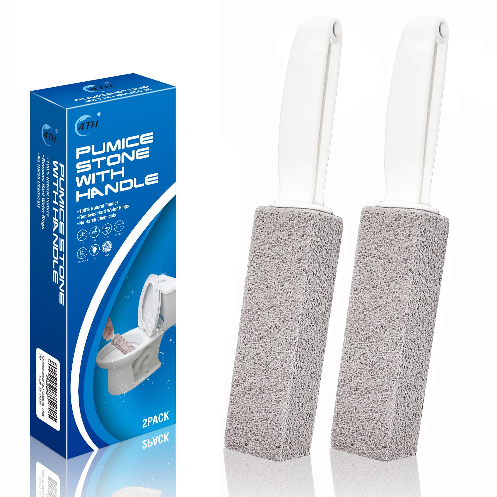 4TH Pumice Stone for Toilet Bowl Cleaning,Scouring Stick with Handle,Powerfully Away Limescale Stain,Hard Water Ring, Calcium Buildup,Iron,Rust.Remover for Tile Bath-tub - 2 Pack