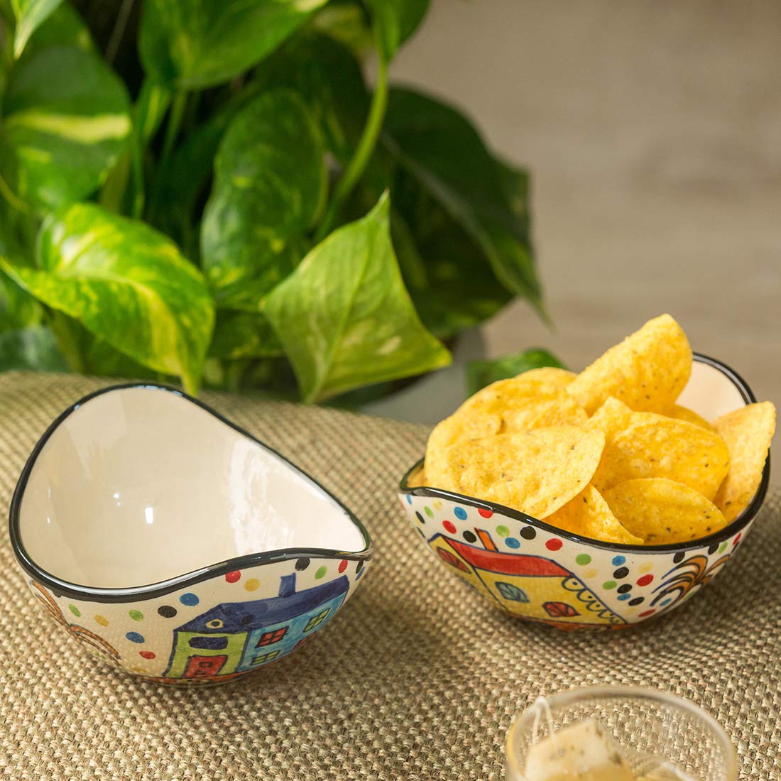 ExclusiveLane 'The Hut Curved Serving' Ceramic Bowls for Serving Bowls Set Snacks Bowl Set (2 Pieces, 190 ML) | Handpainted Microwave Safe Bowls for Kitchen Serving Bowls for Snacks Ceramic Bowls Set