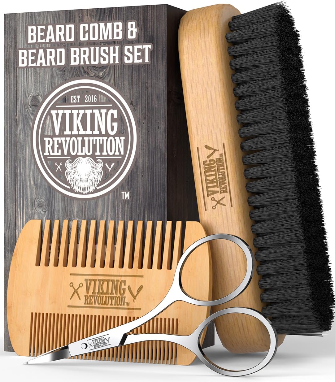 Viking Revolution Premium Beard Grooming Set for Men - Beard Comb and Beard Brush For Men for Smooth and Neat Facial Hair - Awesome Gifts For Men