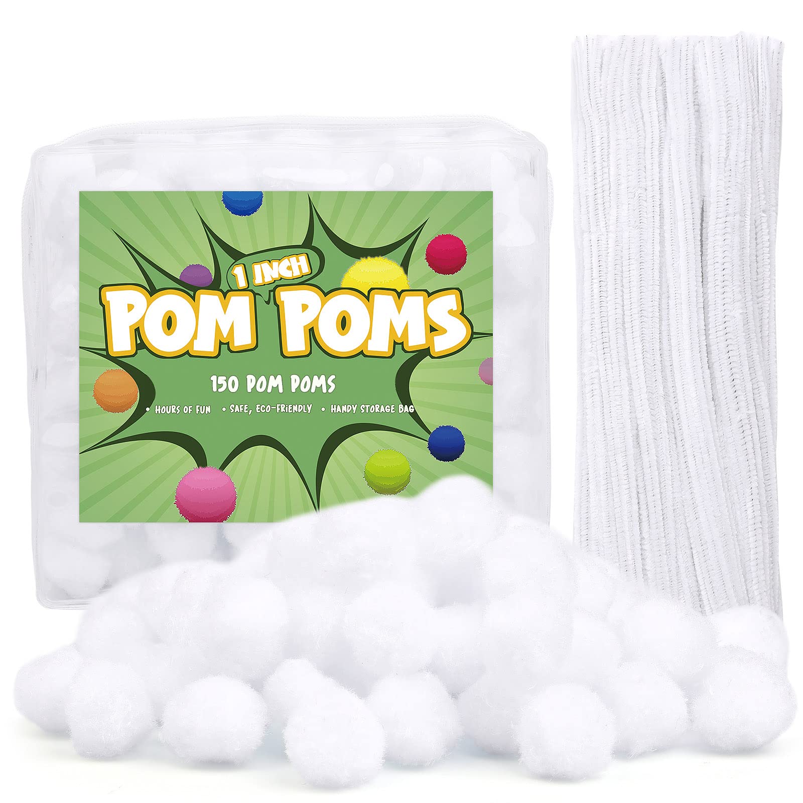 BUTUZE 100Pcs Pipe Cleaners, 150Pcs Pom Poms, 1 Inch Pom Poms, Puff Balls in Reusable Zipper Bag, Perfect for Puff Balls Kids' Art, Craft Projects, Creative Crafts Decoration - White