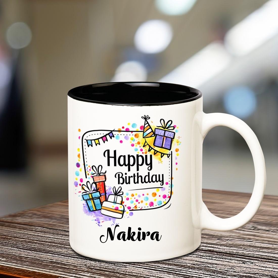 Huppme Happy Birthday Nakira Inner Black Coffee Name Mug