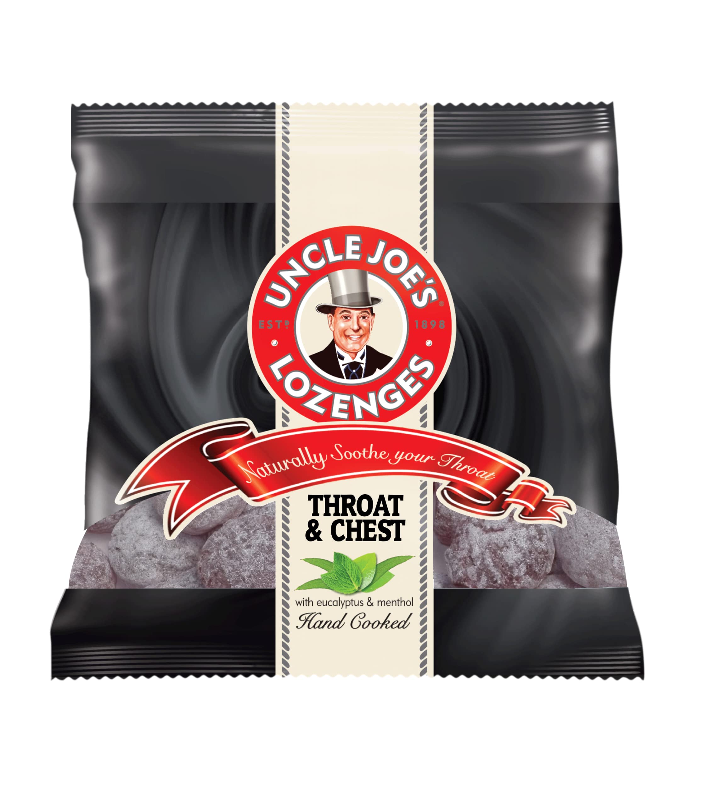 Uncle Joe's Throat and Chest Lozenges in a convenient 70g bag. Natural relief for sore throats and congestion, free from artificial flavors or colors.