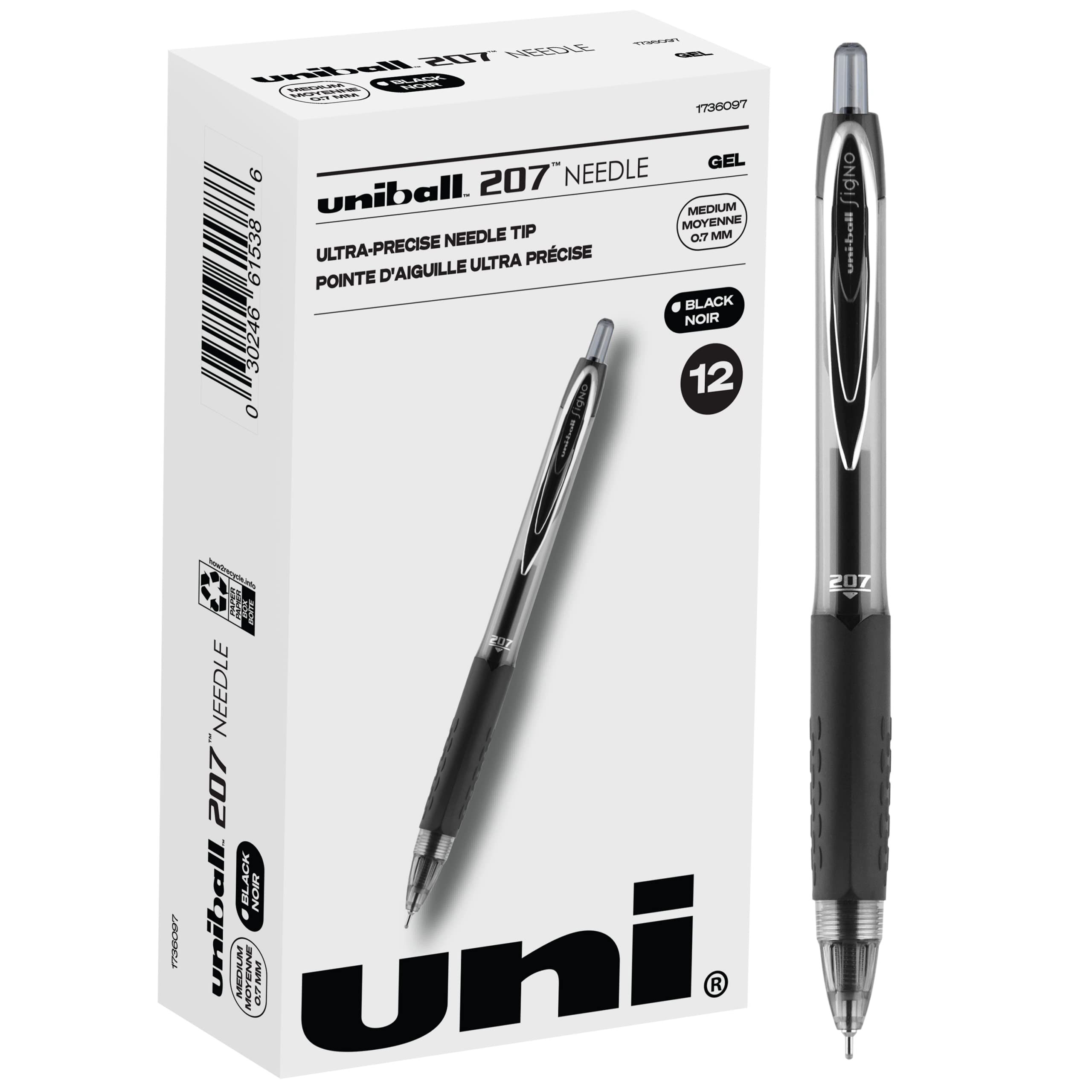 Uniball Signo 207 Gel Pens, 12 Pack - Medium Point, Black Ink, Smooth Writing, Bulk Office Supplies