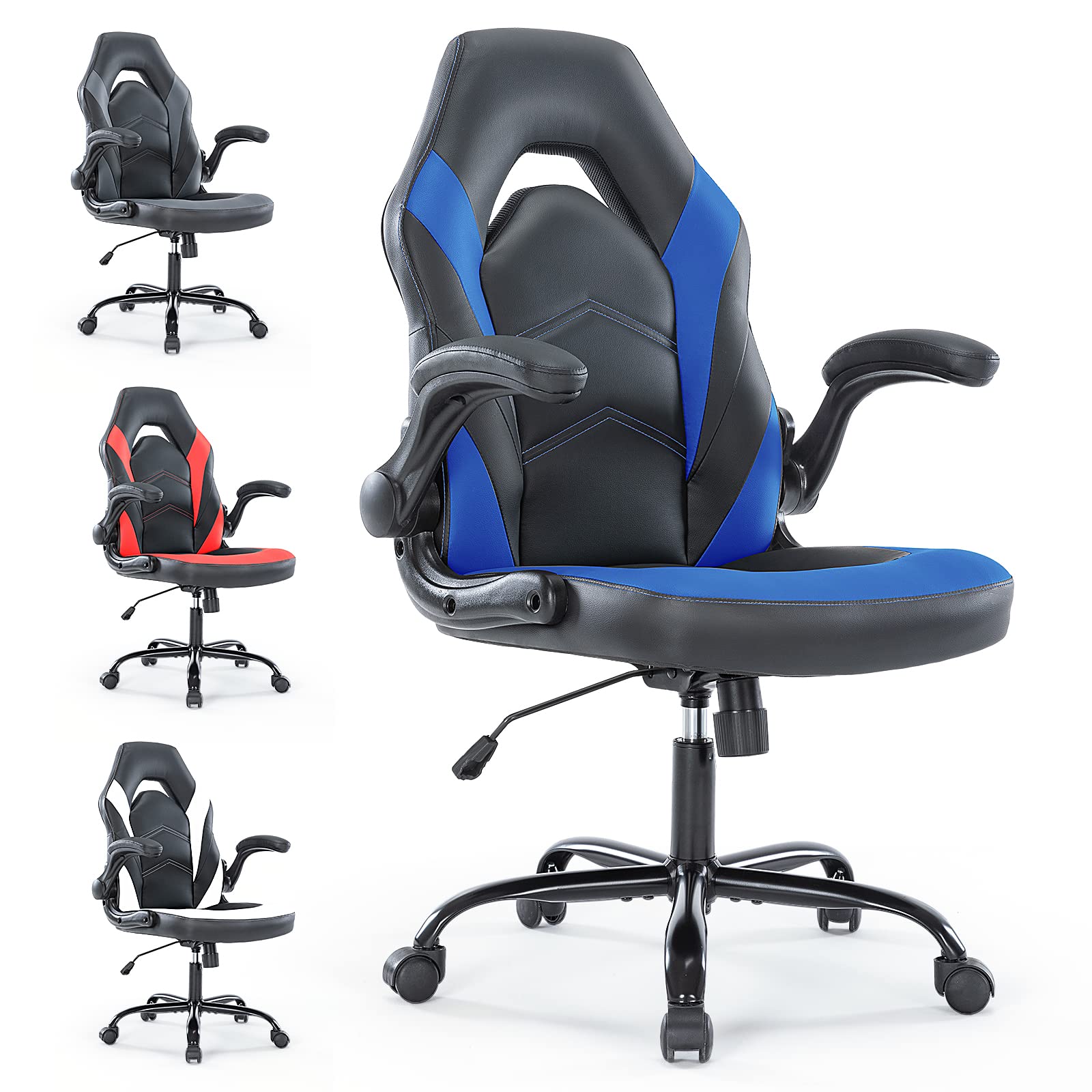 Gaming Chair Ergonomic Office Chair, Padded High Back Computer Desk Chair with Flip-up Armrests, PU Leather Executive Office Chair Swivel Rolling Chair for Adults Teens, Height Adjustable, Tilt & Lock