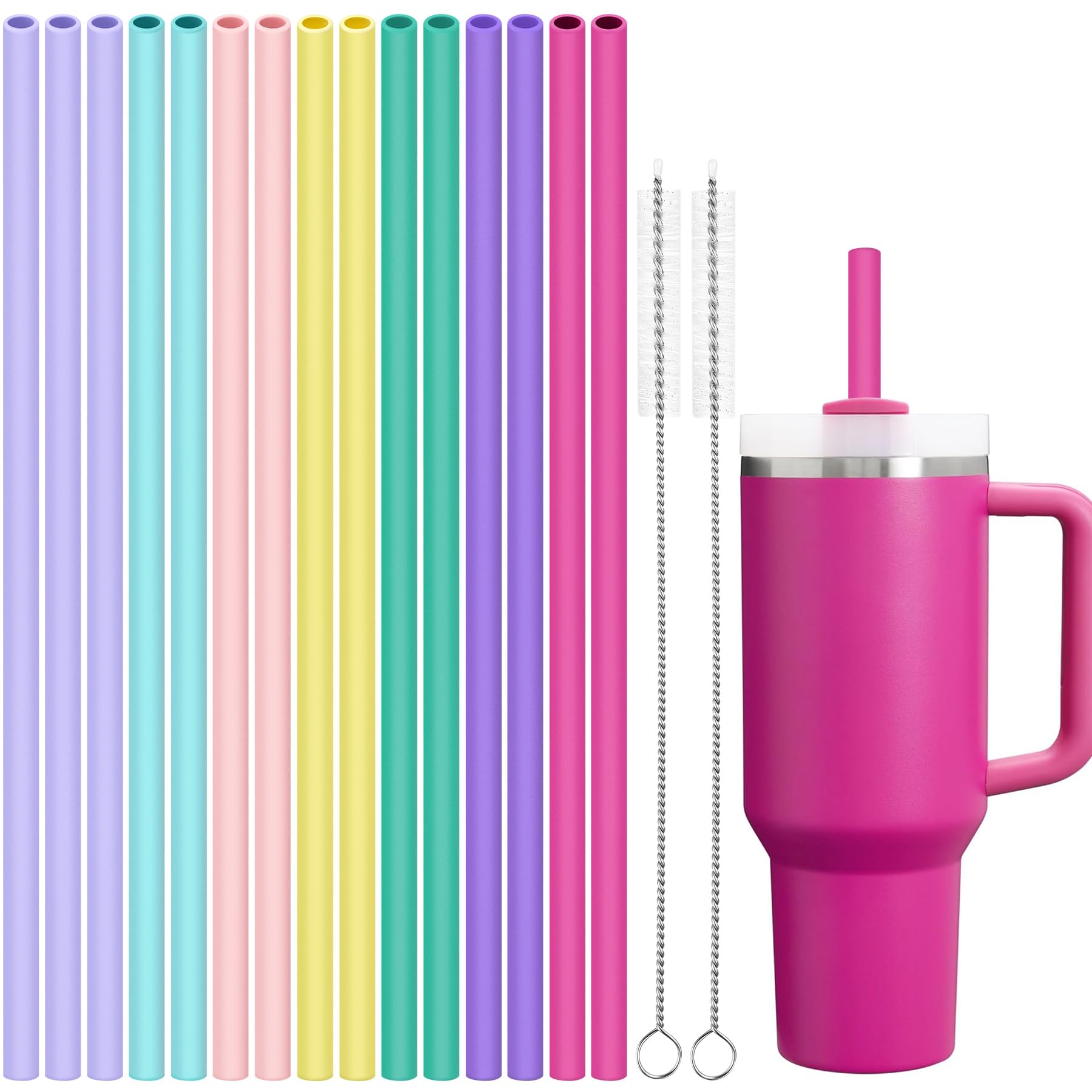 Tomorotec 15-Pack 12" Reusable Silicone Drinking Straws for Stanley Tumblers 20, 30, 40 oz with 2 Cleaning Brushes, BPA-Free Food-Grade Vibrant Colors Flexible Straws for Family Use (Girls Colors)