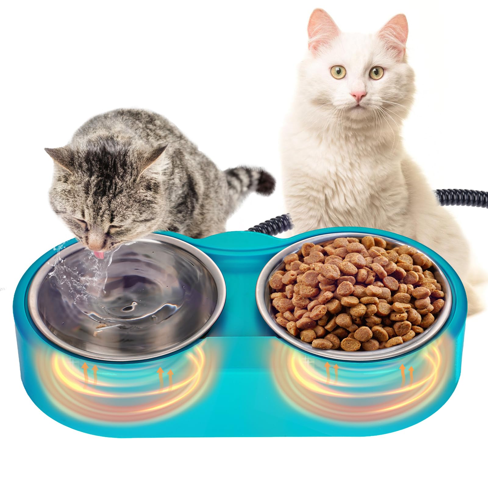 MEWTOGO​Heated Water Bowl for Cats - 47.34Oz Outdoor Heated Pet Bowl with 2 Stainless Steel Bowl, Thermostatic Control for Keeping Water and Food from Freezing in Winter