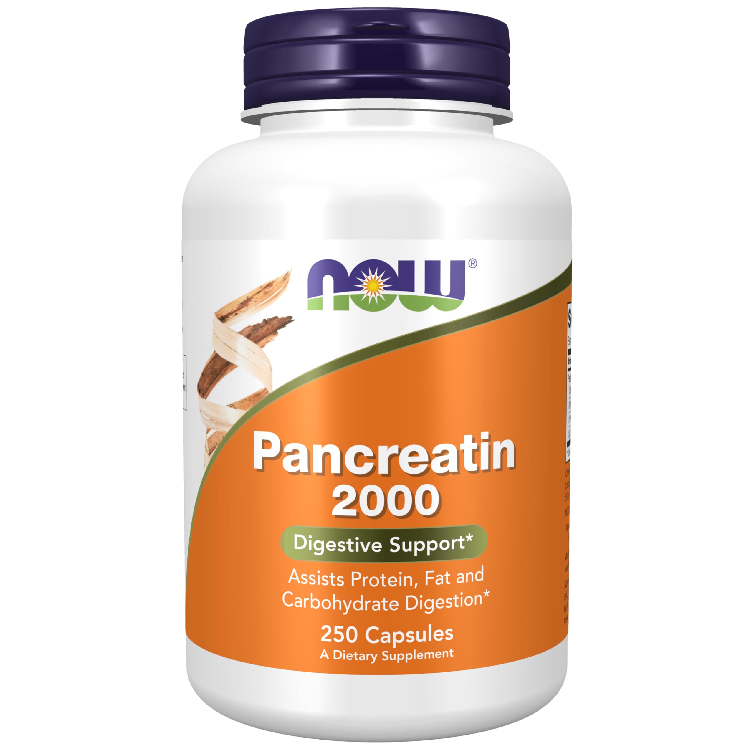 NOW Foods Supplements, Pancreatin 2000 with naturally occurring Protease (Protein Digesting), Amylase (Carbohydrate Digesting), and Lipase (Fat Digesting) Enzymes, 250 Capsules