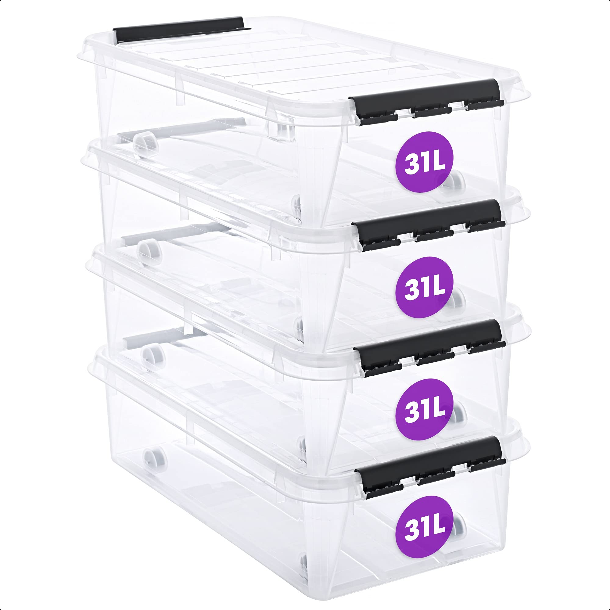 SmartStore31L Clear Plastic Underbed Storage Boxes with Wheels, 4 Pack, Reinforced, 10 Year Guarantee, Food Safe, Clip Locked, Stackable and Nestable, BPA Free L72 x W40 x H19 cm