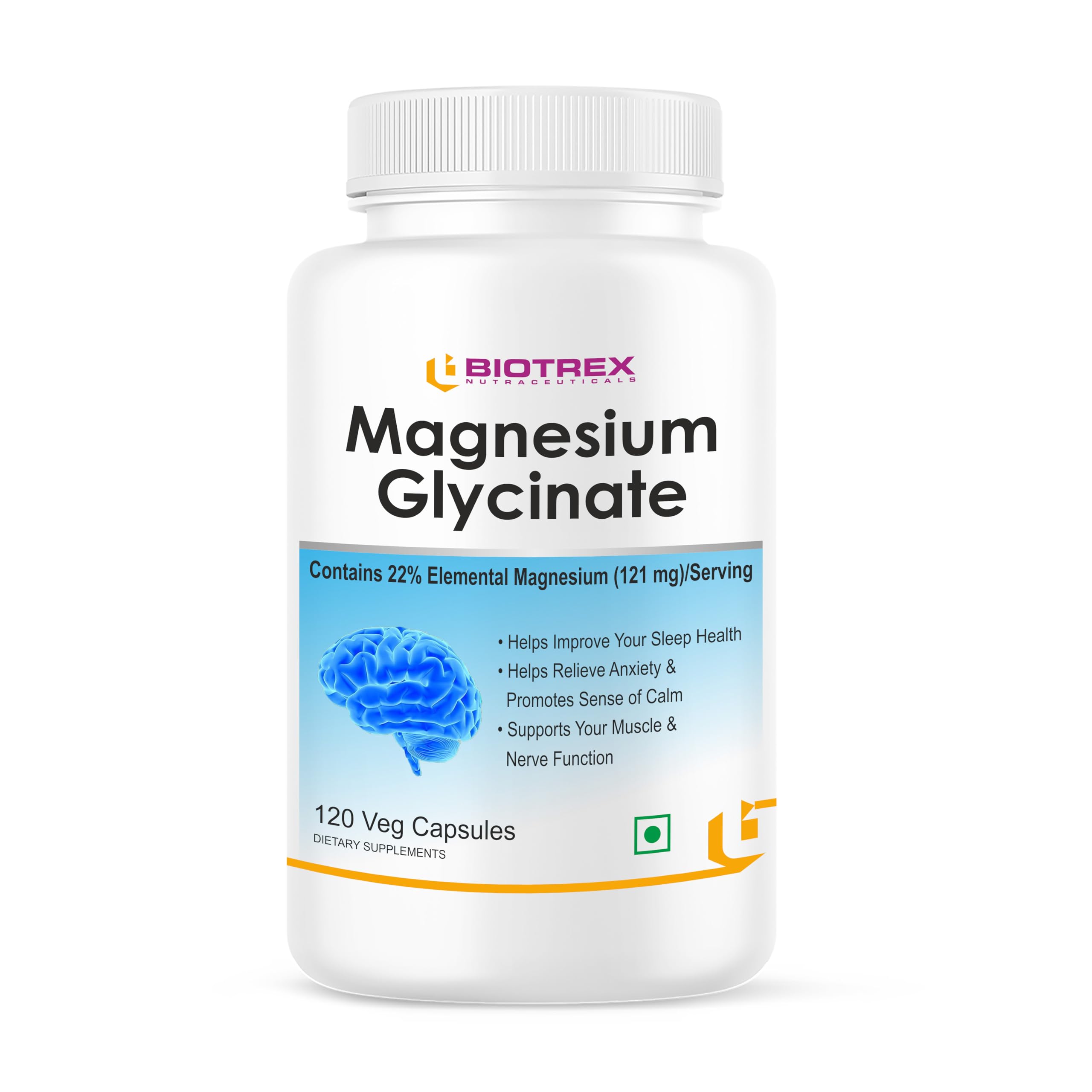 Biotrex Nutraceuticals Magnesium Glycinate, High Bioavailabilty, Best For Sleep Health, Supports Muscle & Nerve Health - 120 Veg Capsules