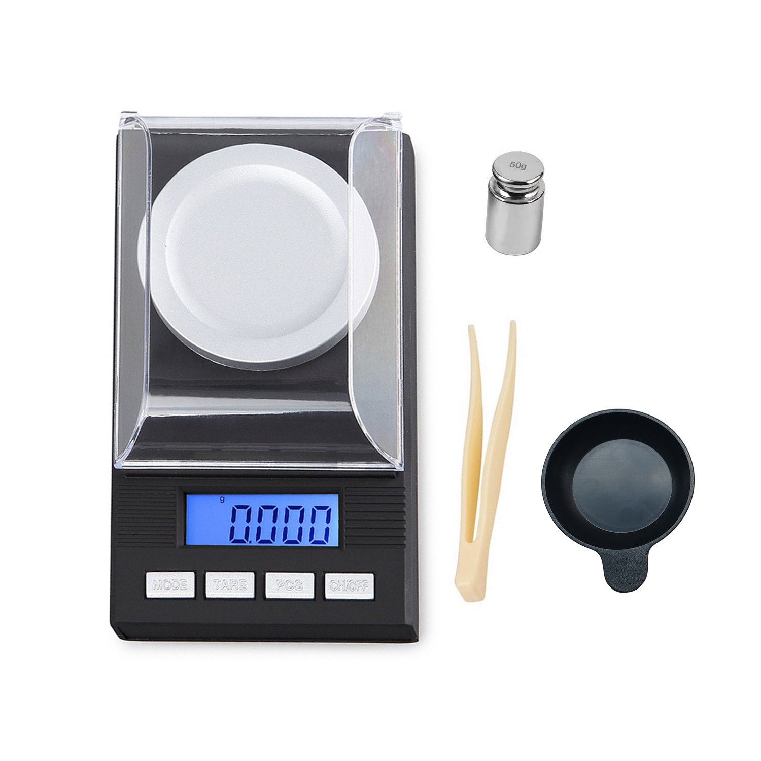 50g/1.7637oz High Precision Digital Milligram Scale, 0.001g /0.0001oz accuracy, Portable Jewelry Scale Digital Weight with Calibration Weights Tweezers and Weighing Pans