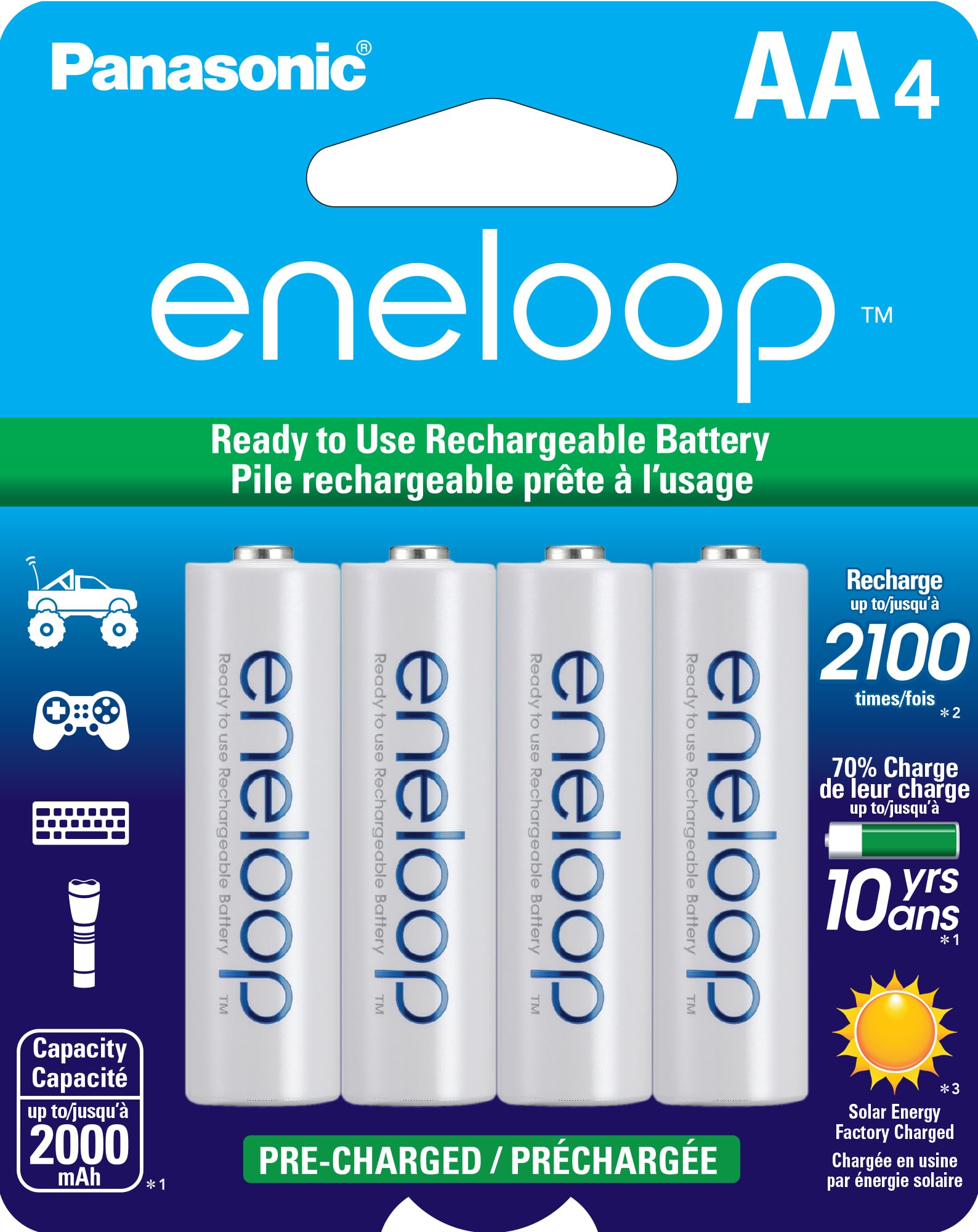 Eneloop Panasonic BK-3MCCA4BA AA 2100 Cycle Ni-MH Pre-Charged Rechargeable Batteries, 4-Battery Pack