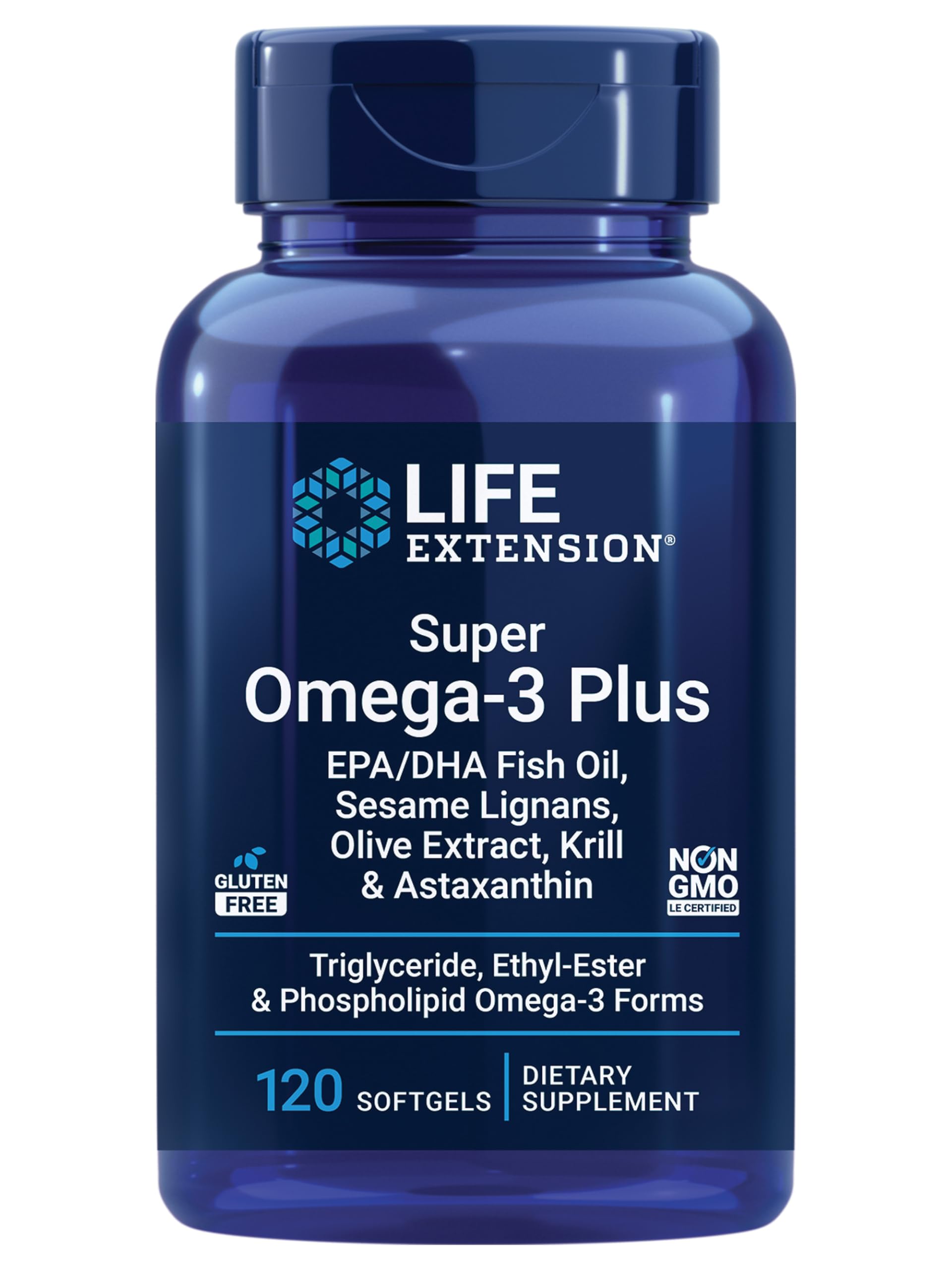 Life Extension Super Omega-3 (Fish Oil) Plus EPA/DHA With Sesame Lignans, Olive Extract, Krill and Astaxanthin (Packaging May Vary), Lemon, 120 Count