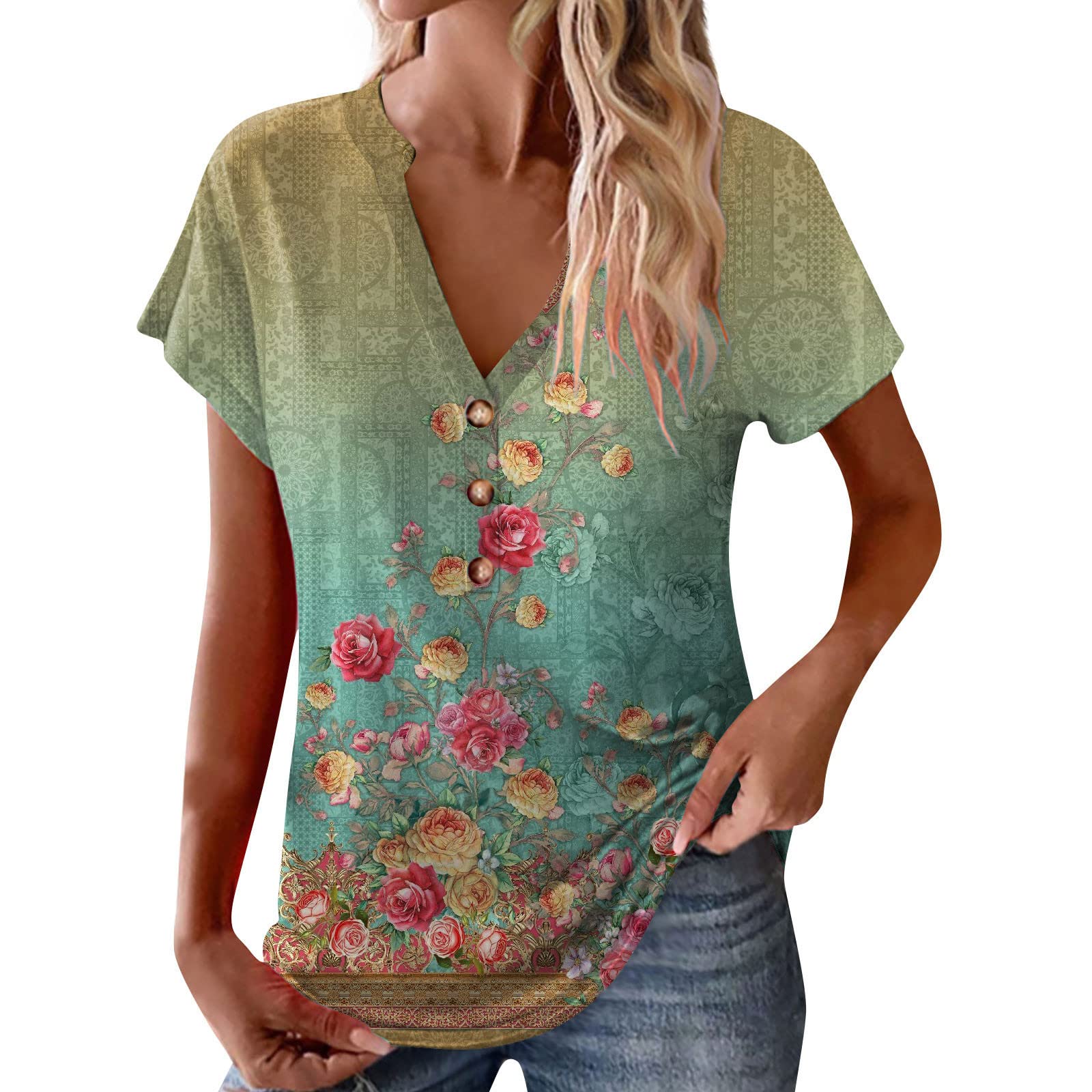 Tshirts Shirts for Women Button V-Neck Fashion Print Short Sleeve Retro Comfort Colors Tshirt Casual Polyester Oversized Stretchable Womens T Shirts Airy Summer Multicolour S-XXL