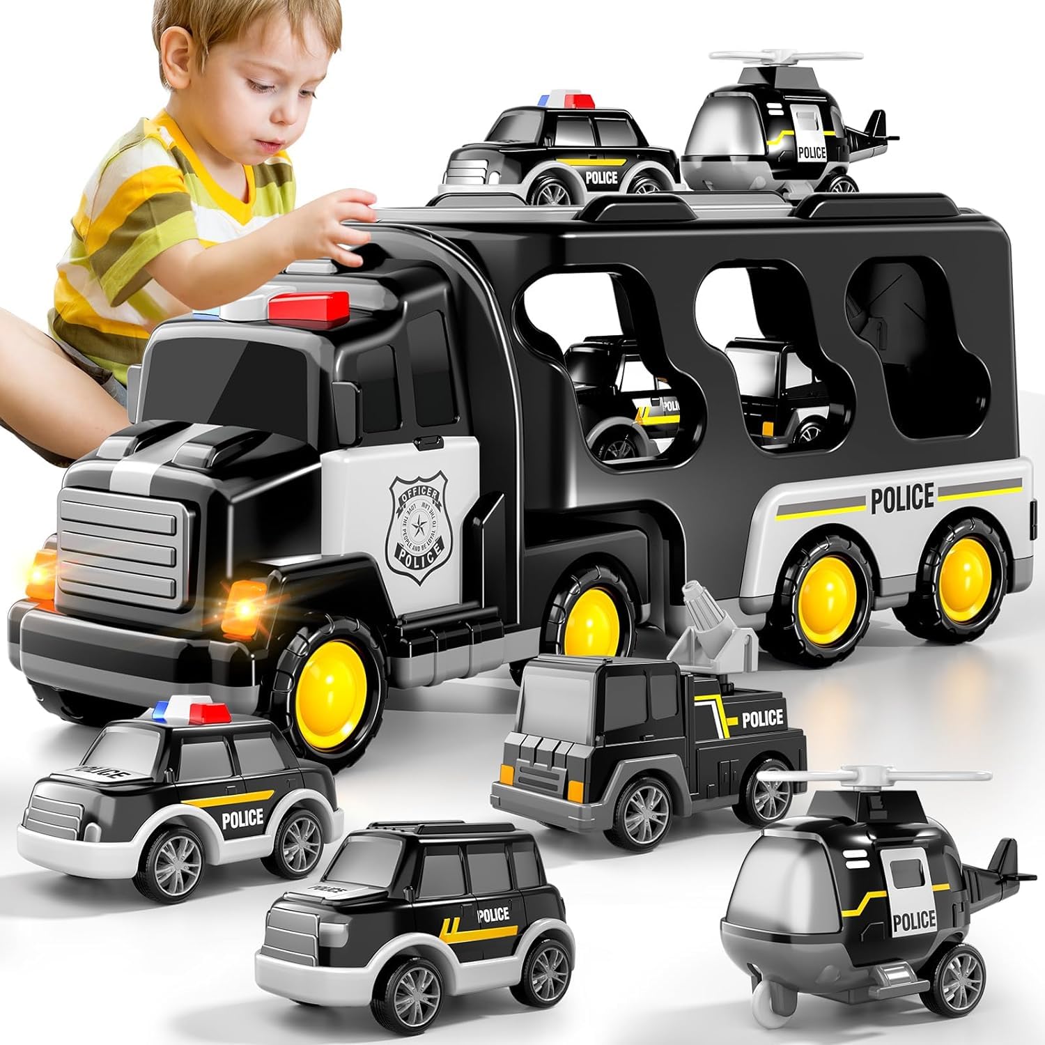 TOYBY Toddler Toys Car for Boys, 5-in-1 Friction Power Emergency Vehicle, Police Car Toys for Boys 3-5 Years Old, Carrier Truck Toys for Kids 3-8, Toddler Baby Toys Birthday Kids Gift