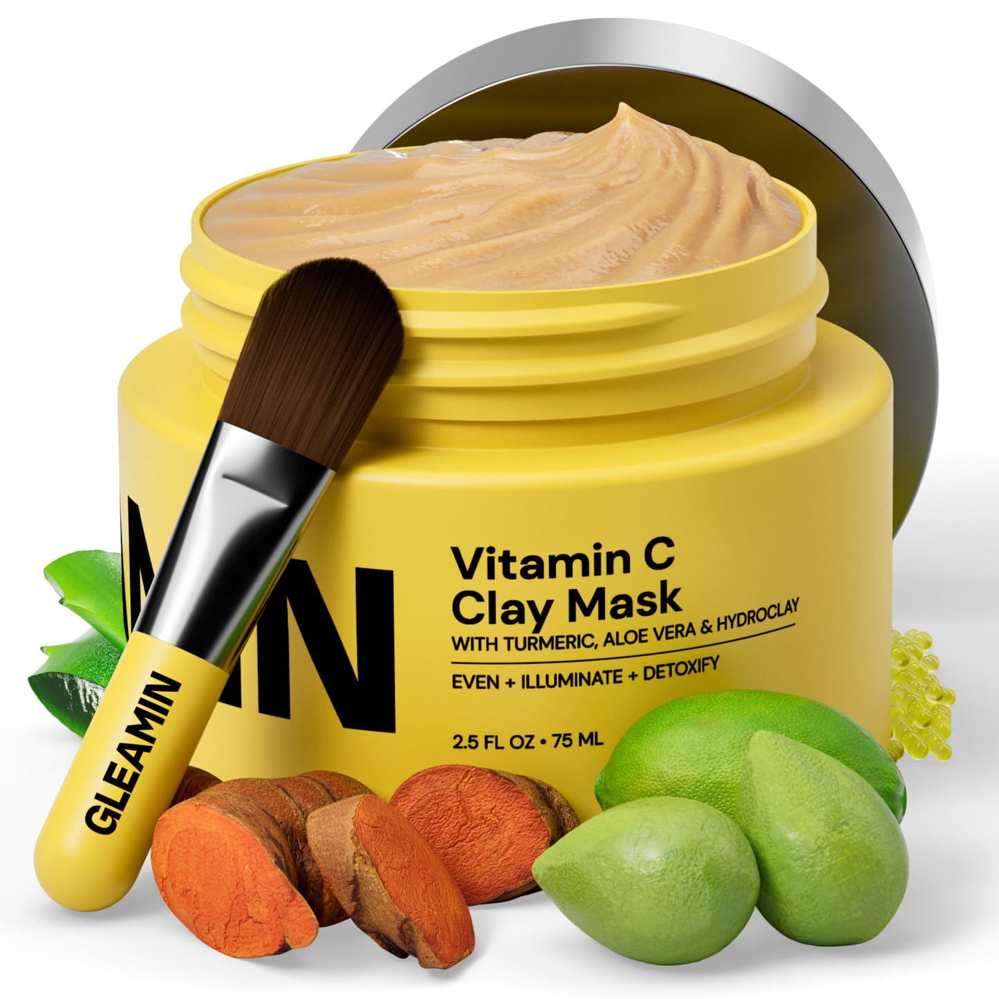 GleaminVitamin C Clay Mask for Dark Spots,10-Minutes Turmeric Clay Face Mask Skin Care, Deep Cleansing Pores - Facial Improves Uneven Tone, Post-Blemish, Visibly Brighten, Scarring & Texture - 2.5 Oz