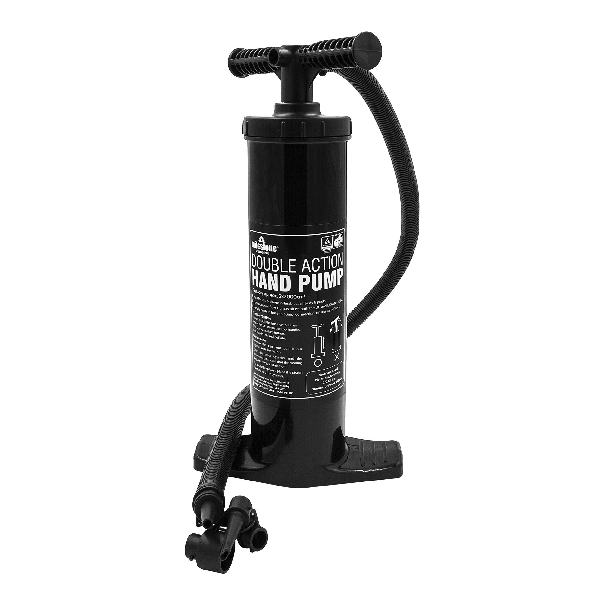 Milestone Camping 83530 Double Action Hand Operated Air Pump/Suitable For All Inflatables/Includes 3 Nozzles/Lightweight & Portable / 45cm x 20cm