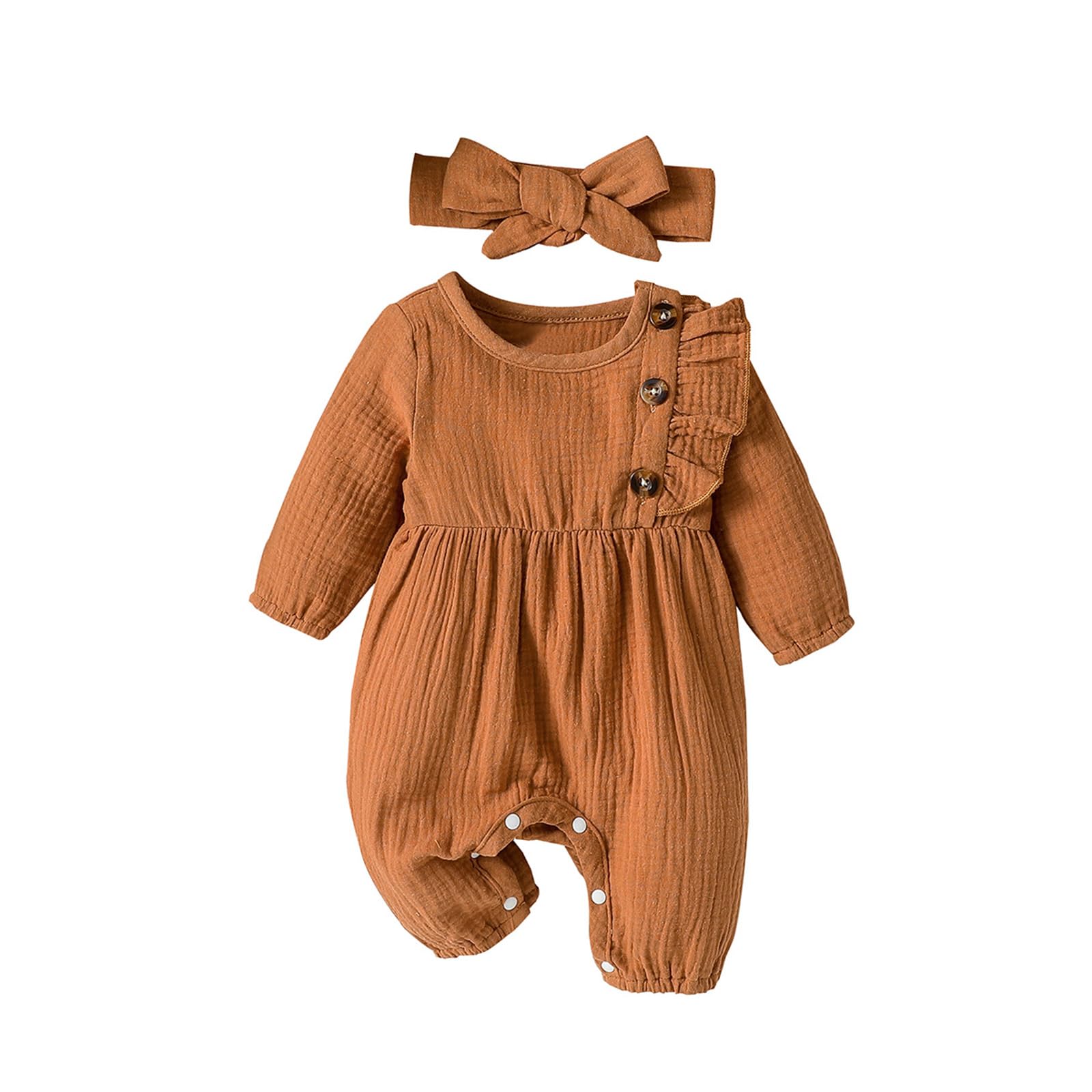 KMBANGINewborn Infant Baby Girl Rompers Cotton Linen Onesie Solid Ruffle Jumpsuits Fall Baby Clothes