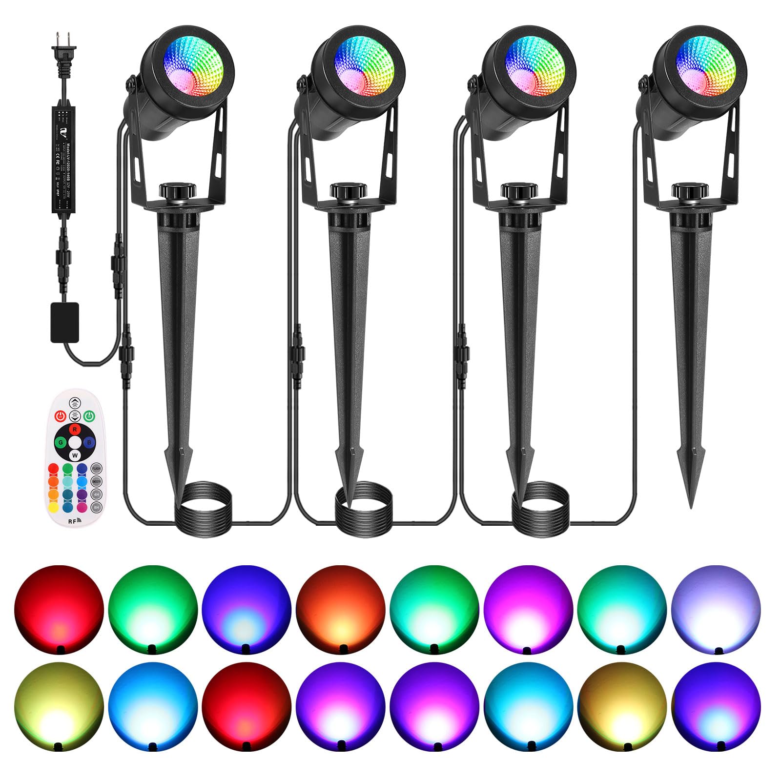 ECOWHO RGB Color Changing Landscape Lights with RF Remote Control, 12V Low Voltage Landscape Lighting, IP65 Waterproof LED Spotlight Outdoor for Yard House Garden Patio Tree Pathway Decor, 4 Pack