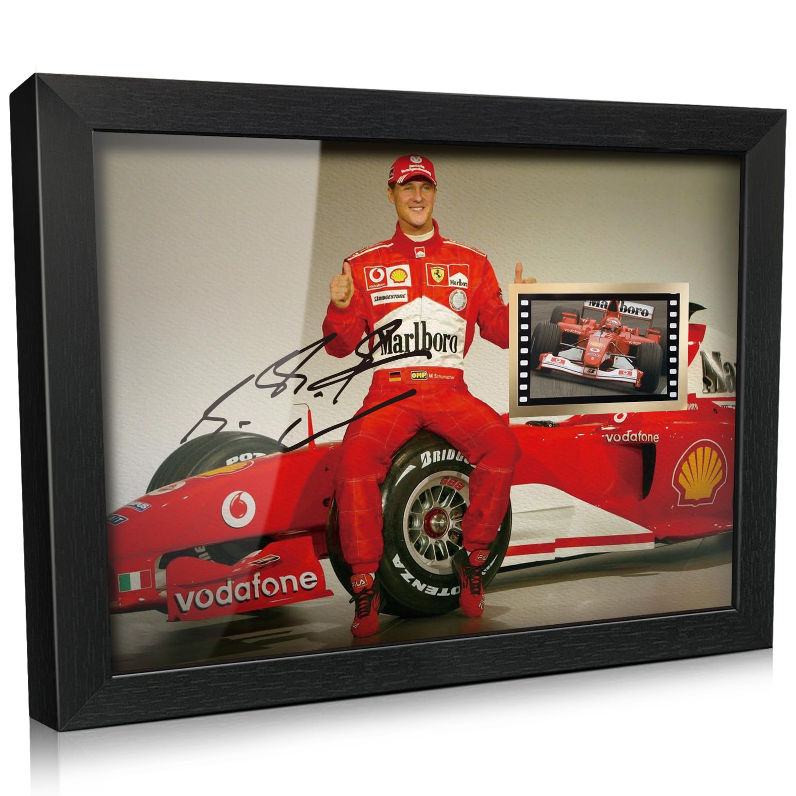 ORIMAMI Signed Michael Schumacher Poster Wooden Framed Photo Art Decor 8x6 Inches,with 1x35mm Film Display,Cool Collectible Gifts for F1 Ferrari Racing Fans