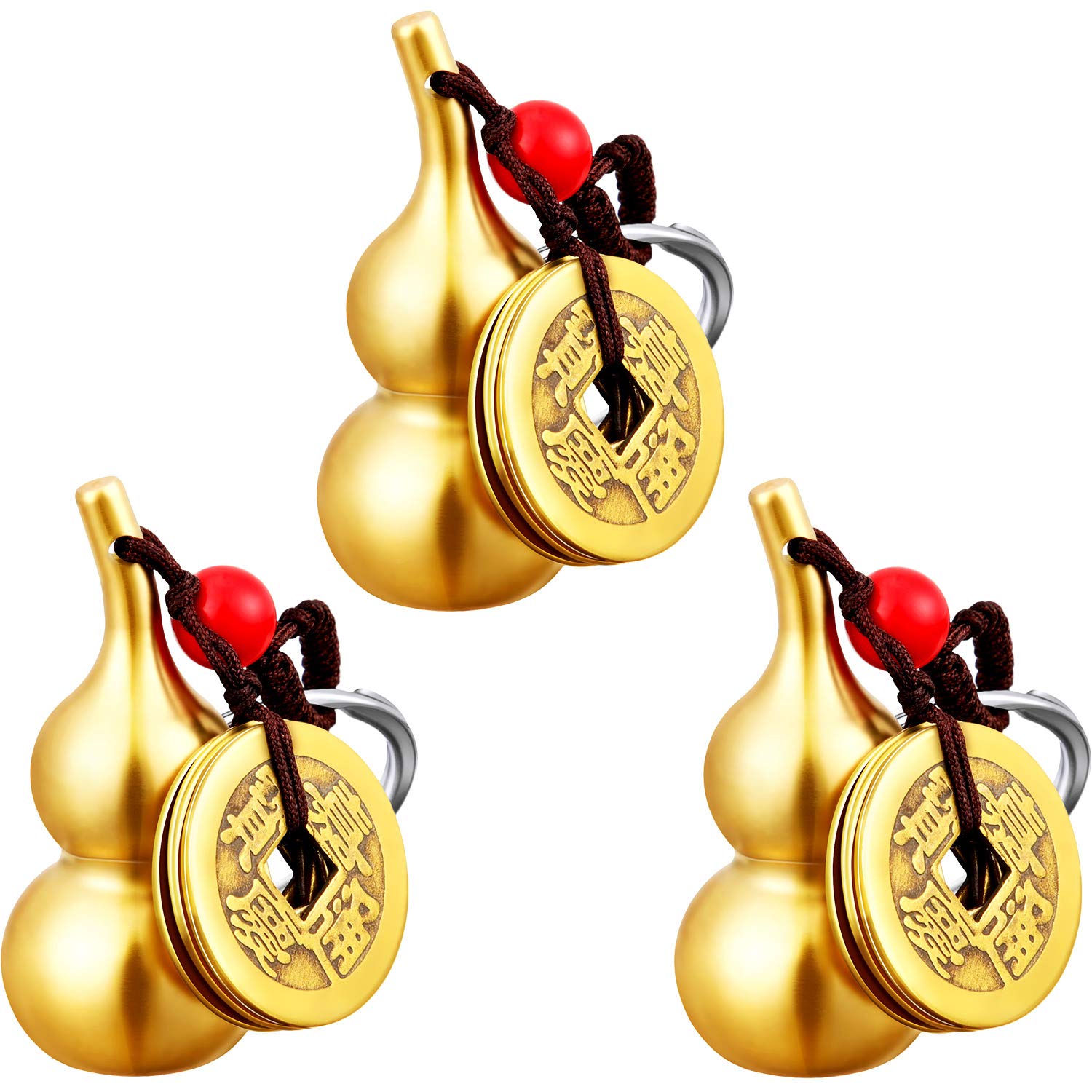 Hotop 3 Pieces Chinese Gourd Brass Wu Lou Keychains Feng Shui Coins Calabash Decorations Pendant Key Rings for Good Luck Fortune Longevity Wealth Success