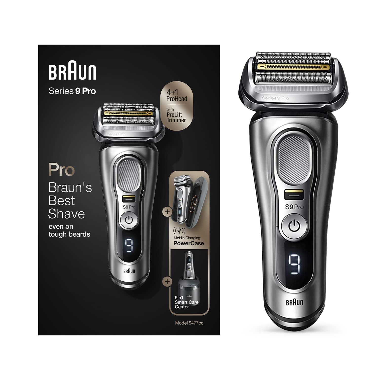 BraunSeries 9 Shaver 9477Cc 4+1 Pro Head - Pro Electric Shaver With Mobile Charging Powercase, Silver