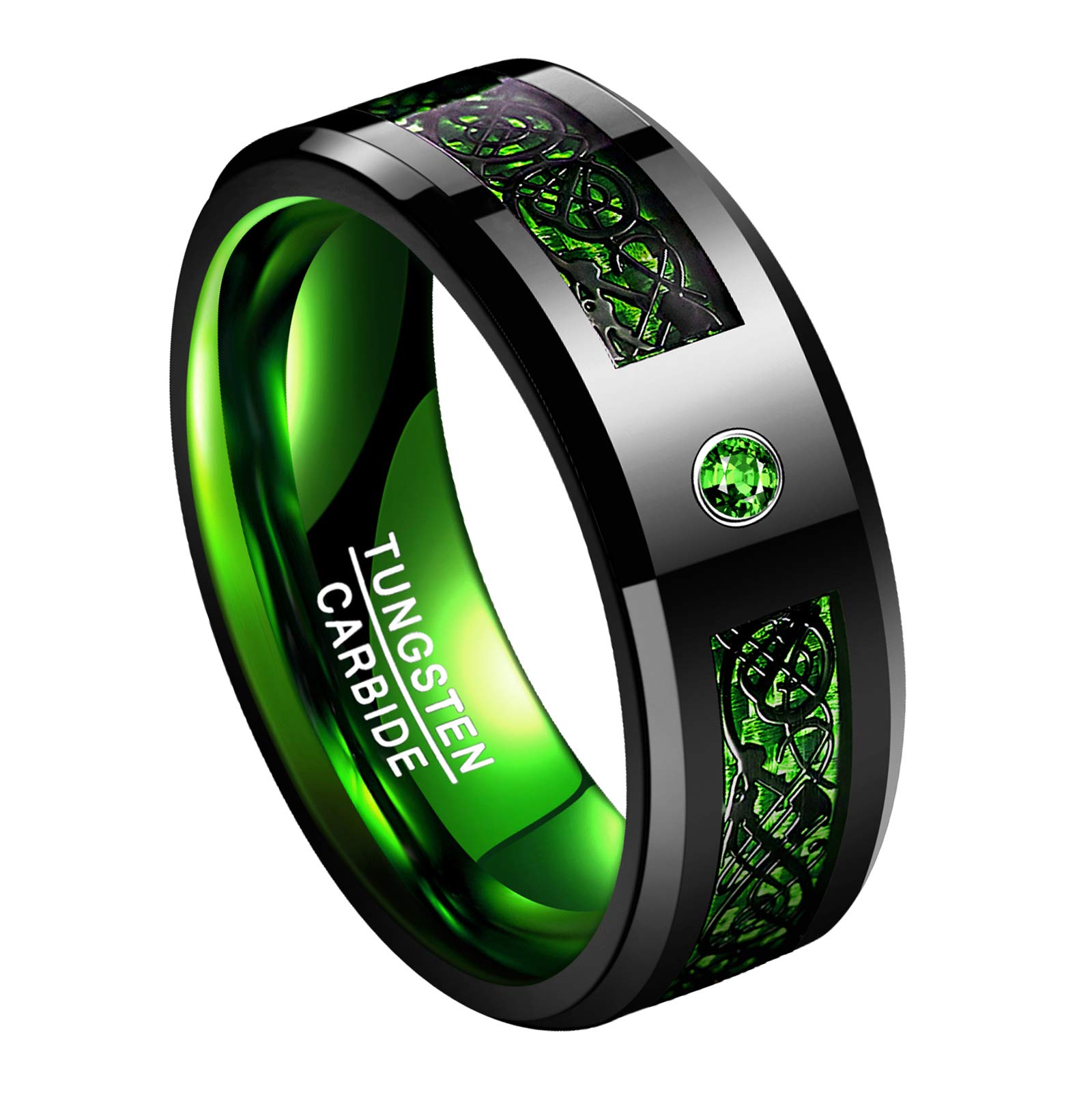 8mm Black Celtic Dragon Tungsten Carbide Wedding Ring with Green Carbon Fiber and CZ Inlay Polished Finish Beveled Edge Size 6-15