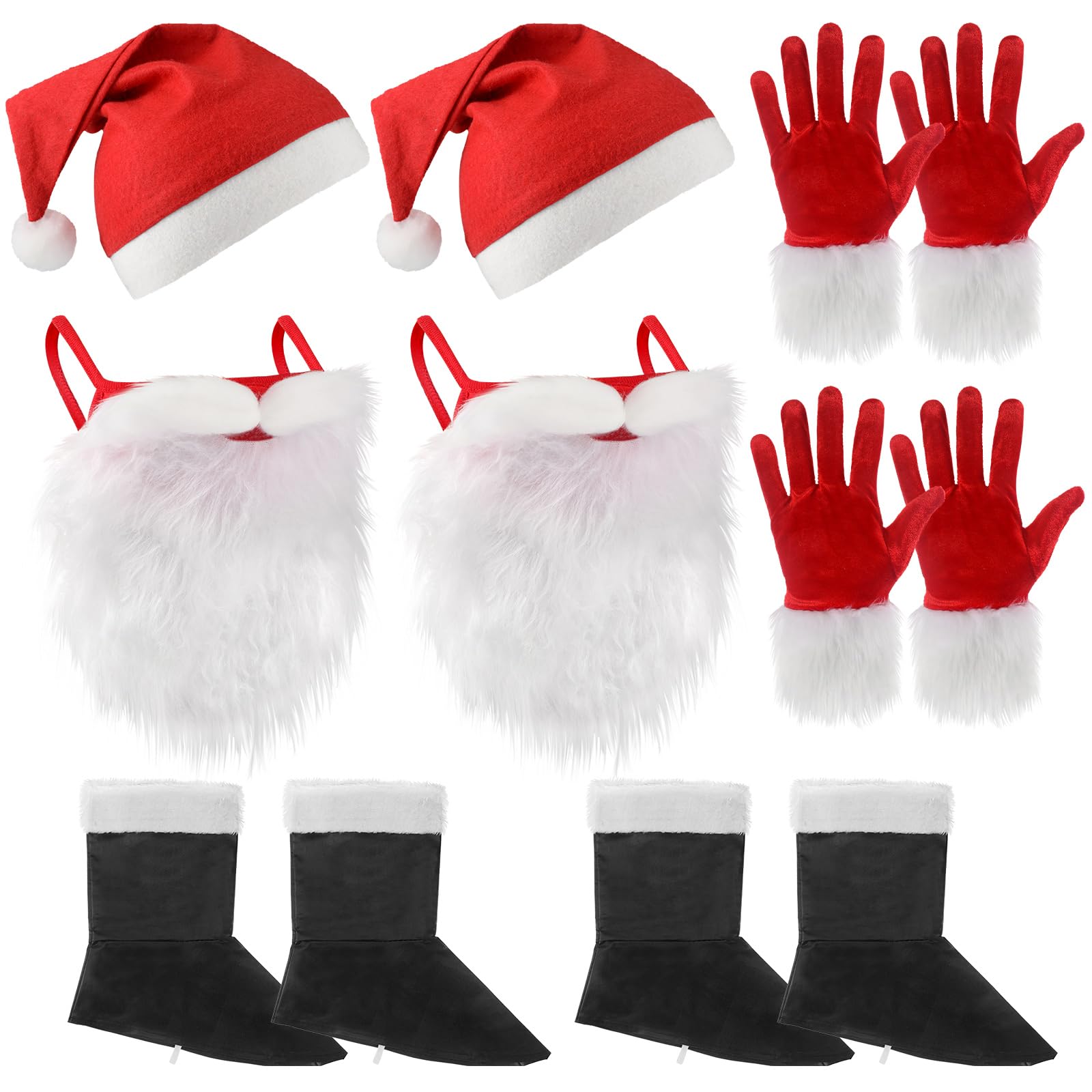 8 Pcs Christmas Santa Claus Costume Accessory White Face Mask Beard Hats Boots Gloves with White Cuff for Adult Men Women Costume Christmas Party