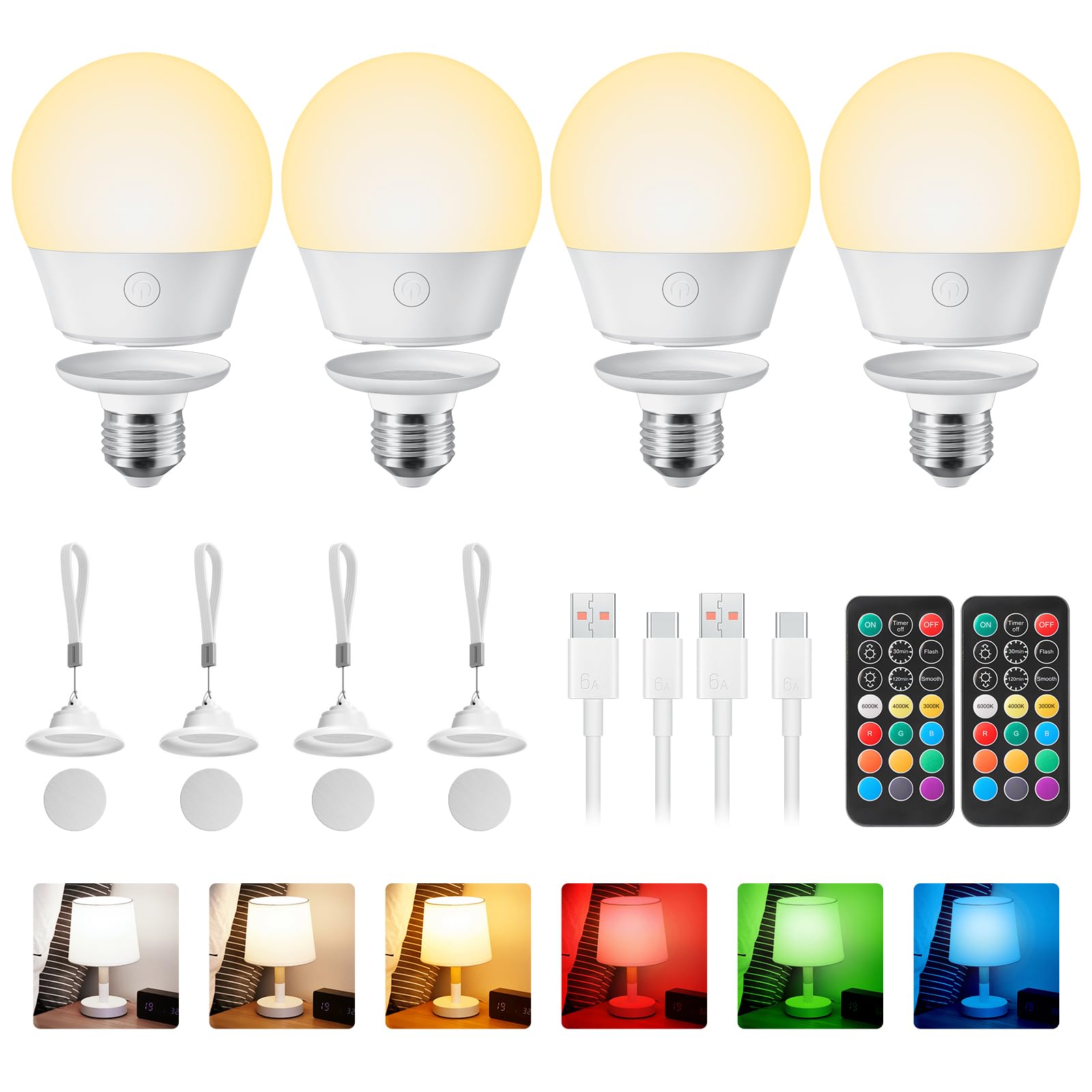 BrightownE26 Rechargeable Light Bulb with Remote and Timer, Battery Backup Bulb for Sconces and Lamps, E26 Detachable Charging for Non-Hardwired Fixture, 3 Color Temperatures + 9 RGB Colors, 4 Pack